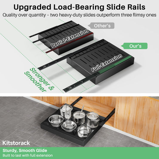 Kitstorack Pull Out Cabinet Organiser, Extendable Slide Out Drawer Storage Shelves for Kitchen Cupboard with Adhesive Film, Roll-Out Sliding Drawer