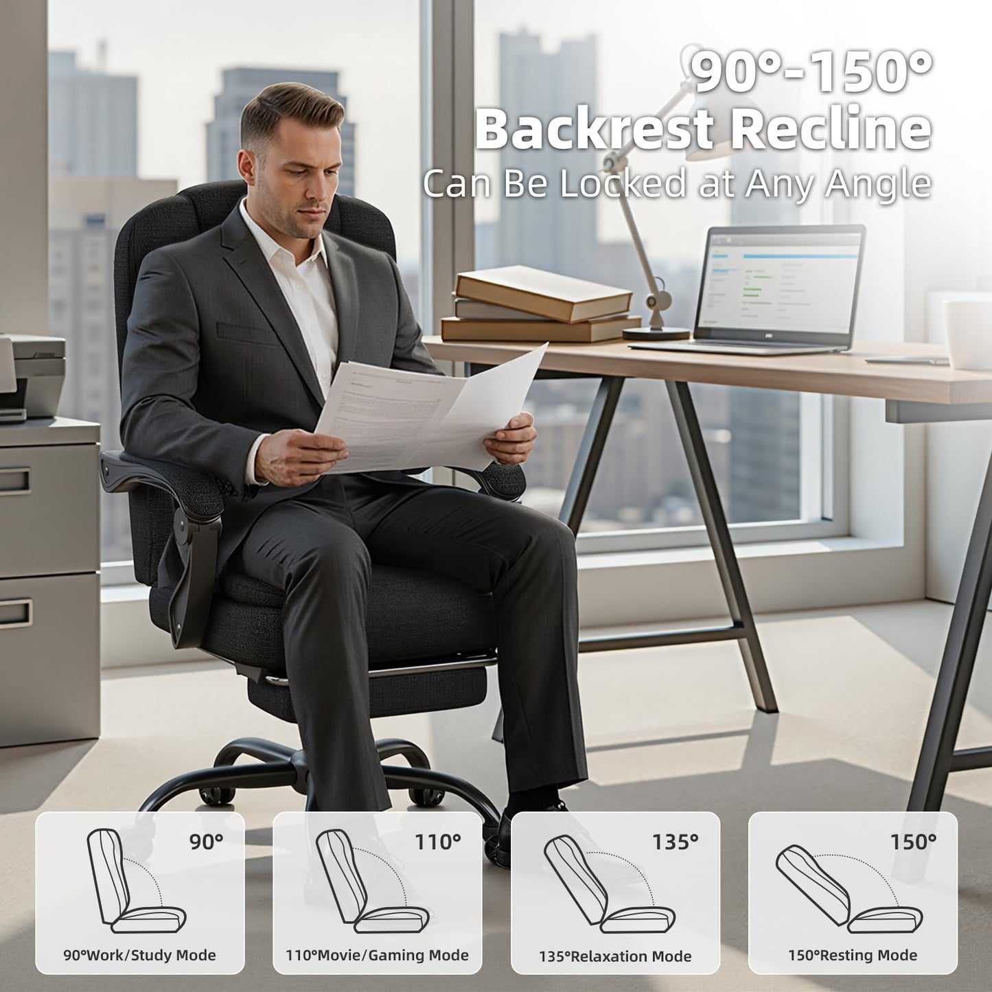 SITMOD Executive Office Chair with Footrest, Pocket Spring Fabric Desk Chair, High Back Thick Padding Computer Chair with Linkage Armrests