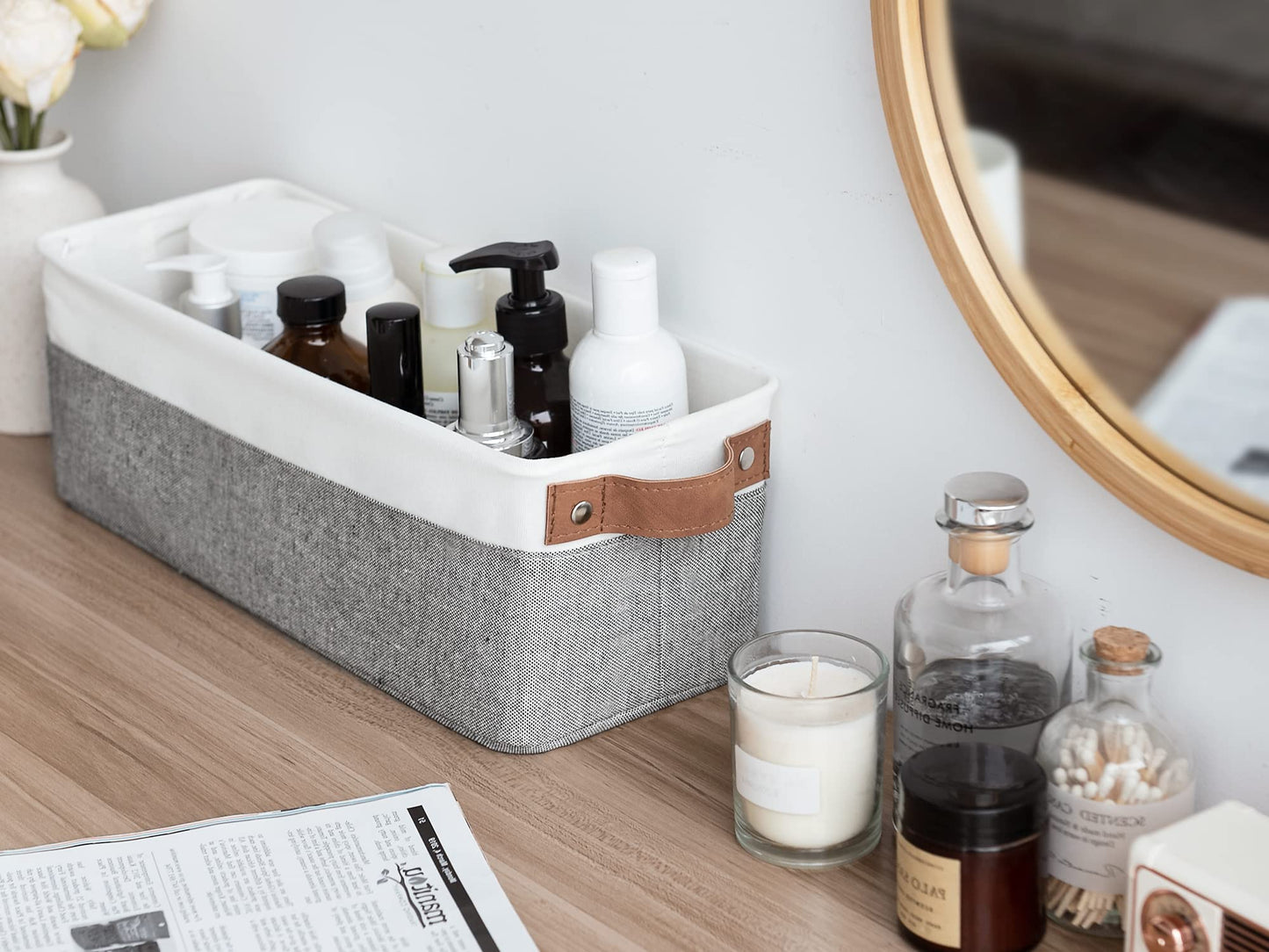 StorageWorks Narrow Storage Boxes for Shelf, Long Storage Baskets with Metal Frame, Slim Storage Boxes for Organising