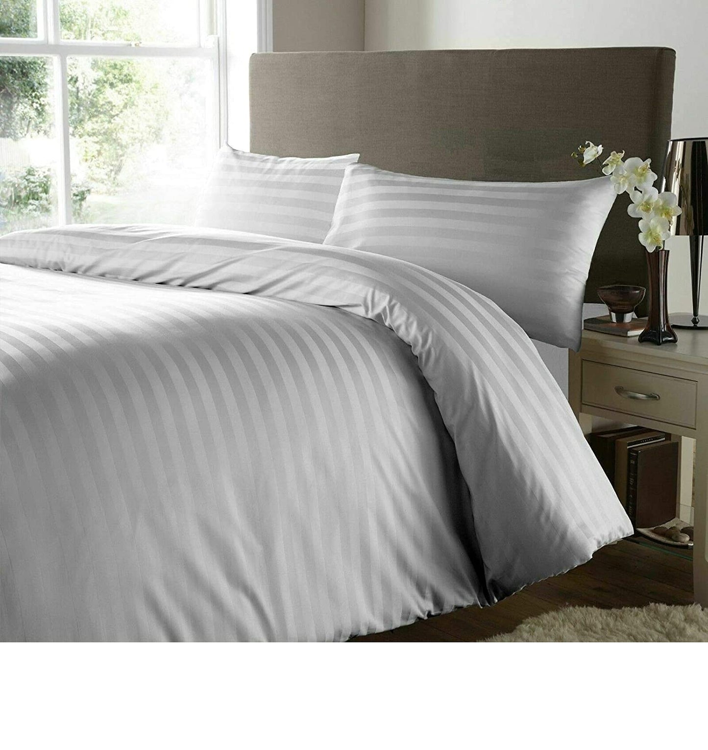 RAYYAN LINEN Satin Stripes Duvet Cover Set Satin 100% Egyptian Cotton 400 Thread Count Luxury Hotel Quality with Pillowcases (Grey Silver, Double)