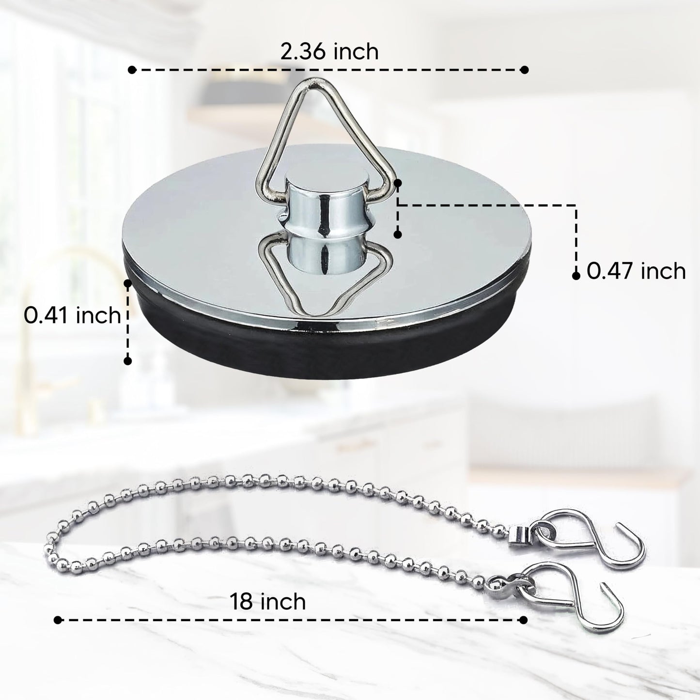 2PC Chrome Sink Plug with Chain for Bath or Kitchen - 45mm (1.3/4 Inch) with Ball Type and S Hook Shaped Chain Made of Stainless Steel 450mm (18 Inch)