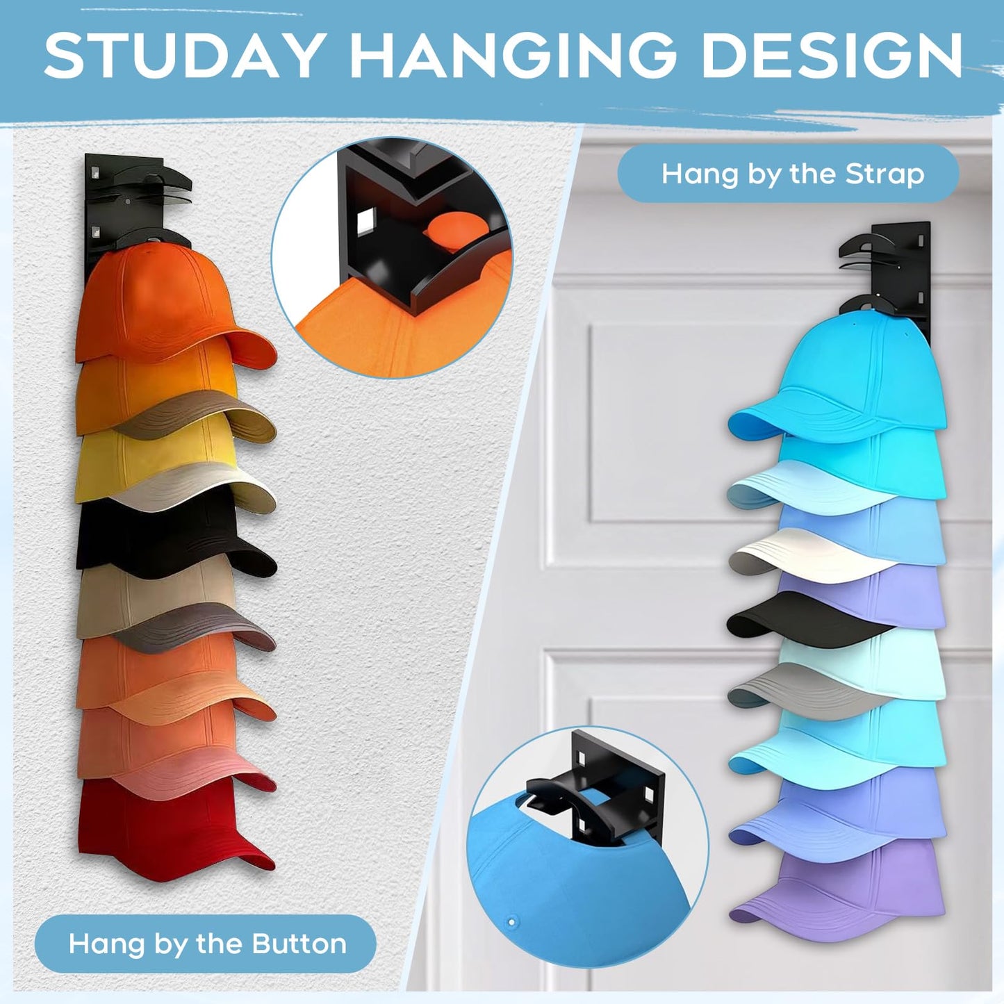 Houbobo 2 Pack Hat Organizer for Baseball Caps, Strong Adhesive Hat Rack for Wall, Hat Rack for Wall with Strong Adhesive Hold up to 20 Hats