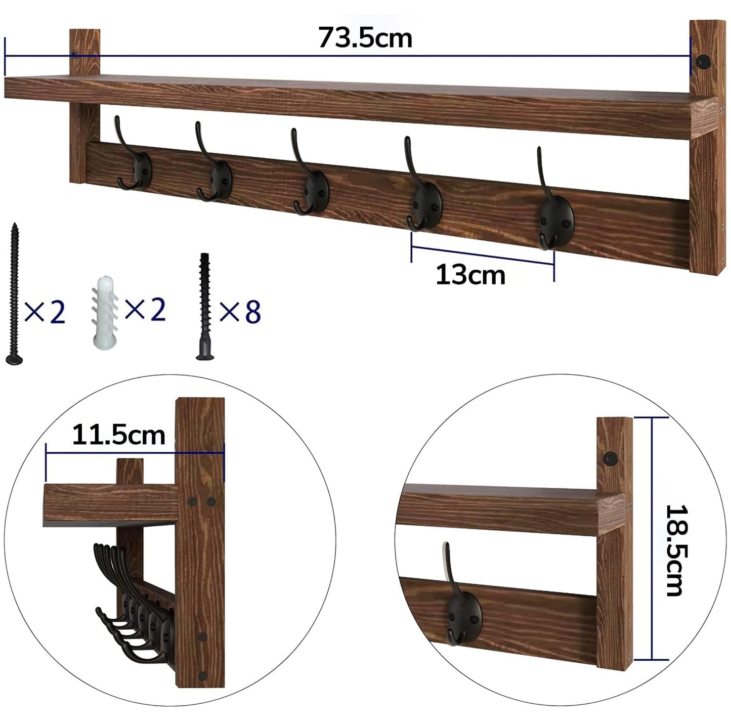 AMBIRD Wall Hooks with Shelf - 73.5cm Length Entryway Wall-Mounted Wooden Coat Hooks with Integrated Shelf