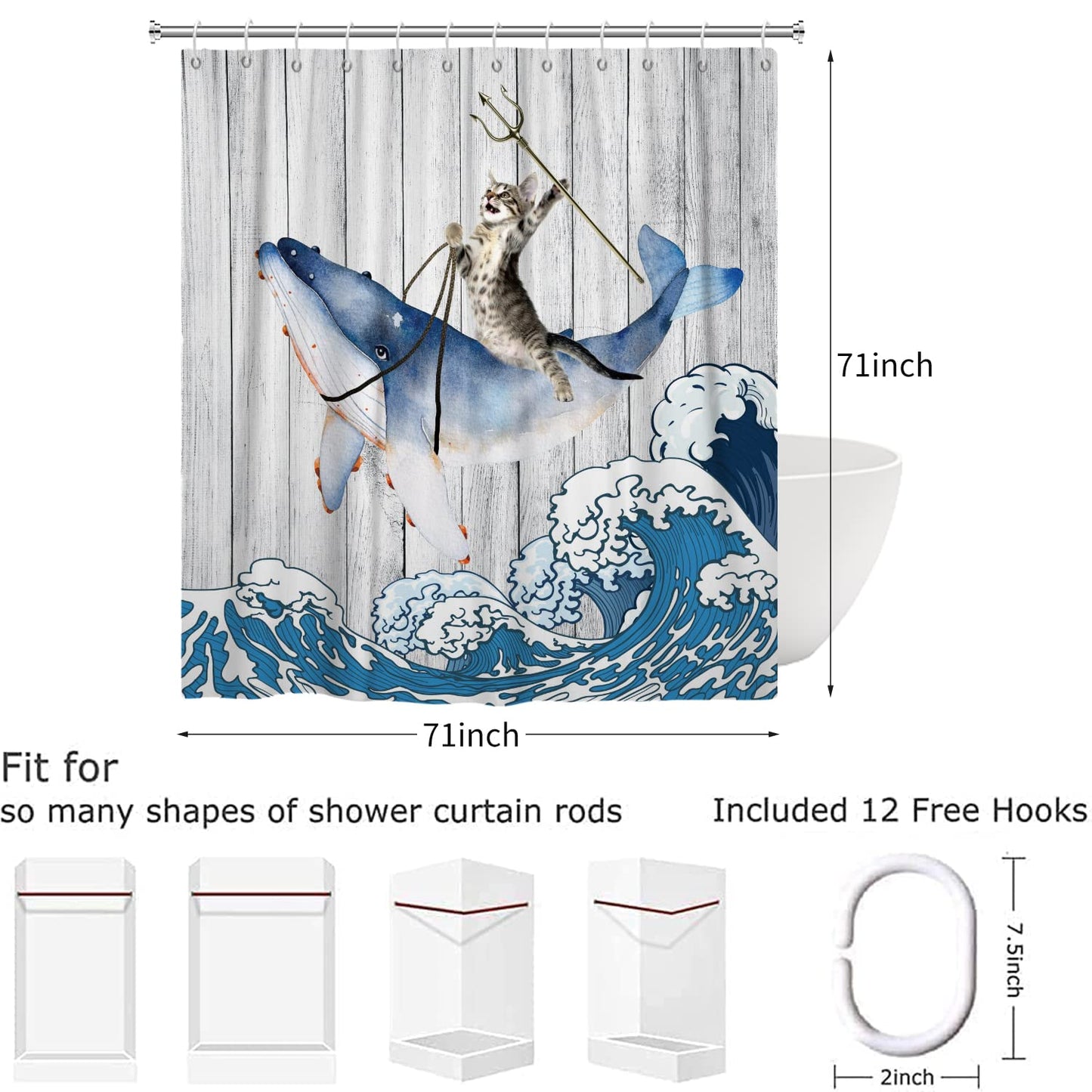 Hnmdmyi Funny Cat Shower Curtain 180x180, Cool Cat Riding Whale with Japan Kanagawa Waves on Rustic Wooden Bathroom Curtains Cute Kids Farmhouse