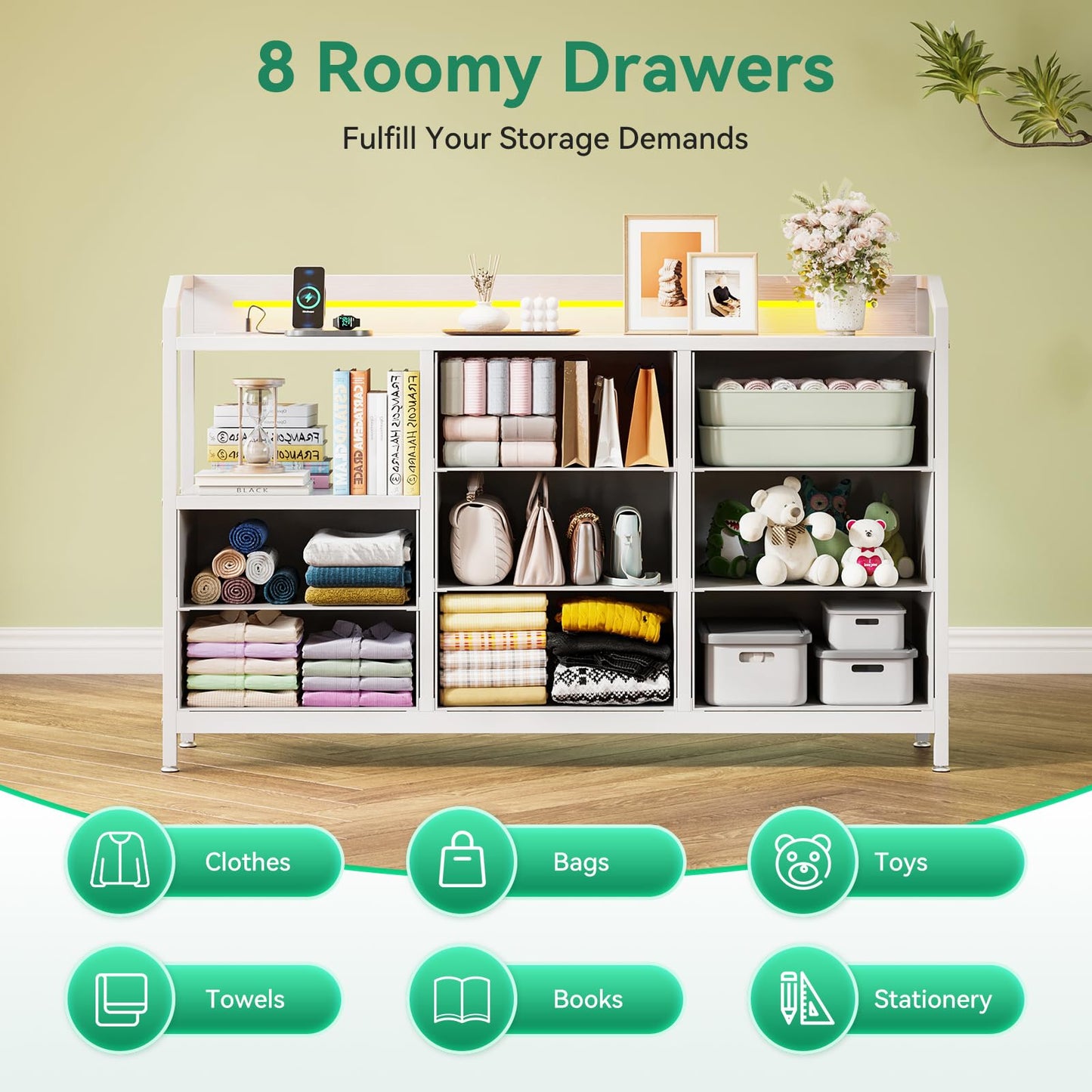 ODK Chest of Drawers Bedroom, 8 Fabric Drawers, 110x30x88cm, White