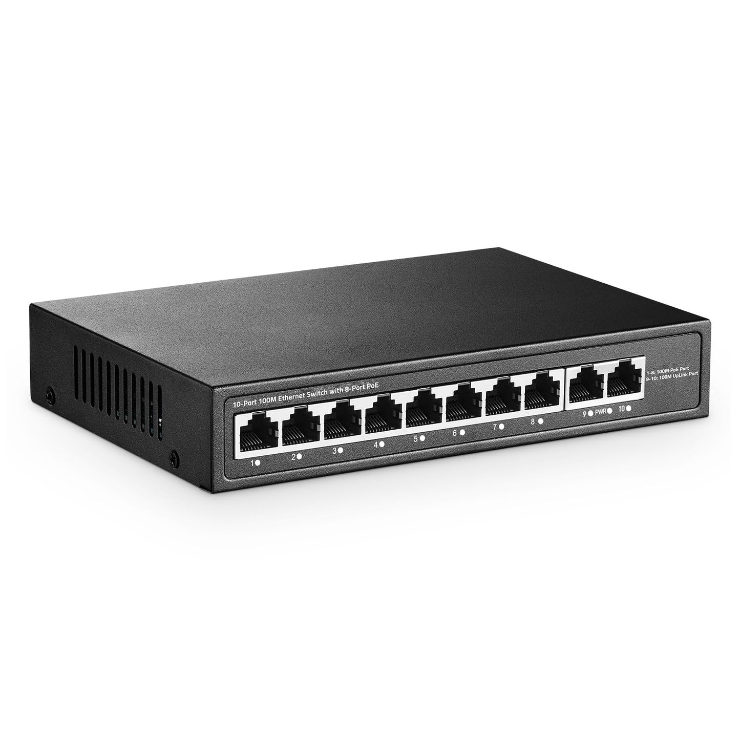 YuLinca 10 Port Mini PoE Switch with 8 Ports PoE+, 2 Fast Ethernet Uplink, 10/100Mbps, 120W 802.3af/at PoE, Fanless Metal Plug & Play PoE+ Network