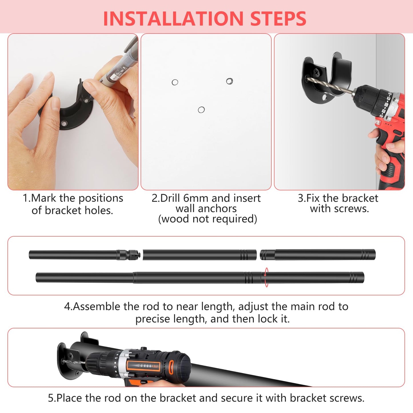 Extendable Wardrobe Pole Black 43-107cm Wardrobe Rails and Fittings 33mm Tube Diameter Stainless Steel Pole for Wardrobe with Screws and Fixing