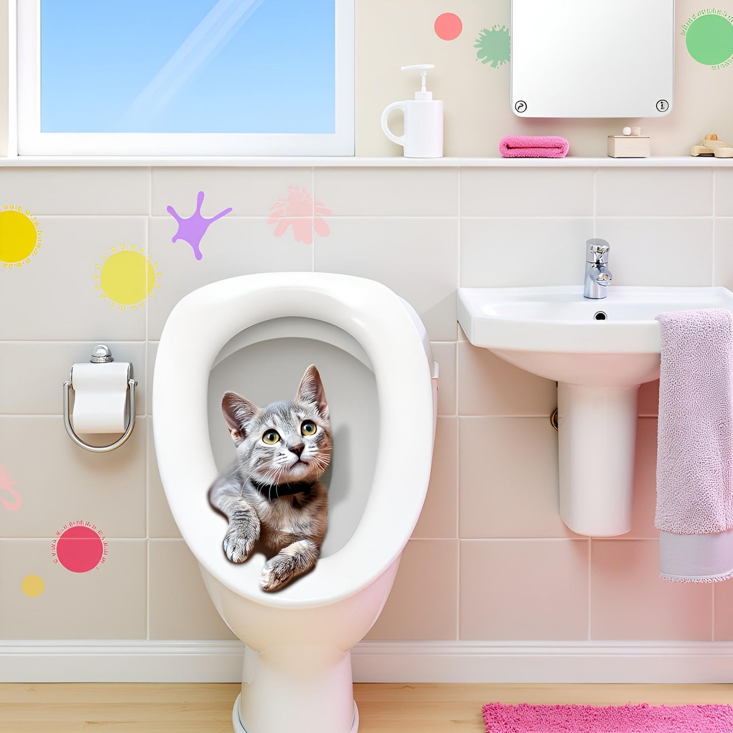 Cute Cat Toilet Seat Lid Sticker Cartoon Waterproof Self-Adhesive Removable Toilet Lid Decal Bathroom Decoration Toilet Lid and Tank Covers (30cm)