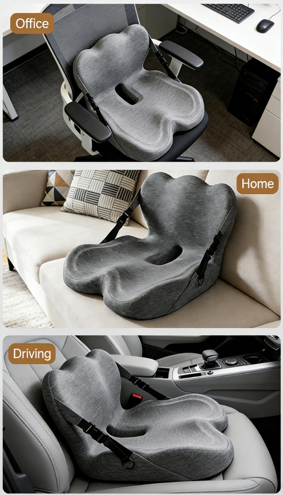 HoldOneLight Memory Foam Seat Cushion – Ergonomic Tailbone Pain Relief Cushion – Non-Slip Seat Pad for Office Chair & Car Seat – Grey