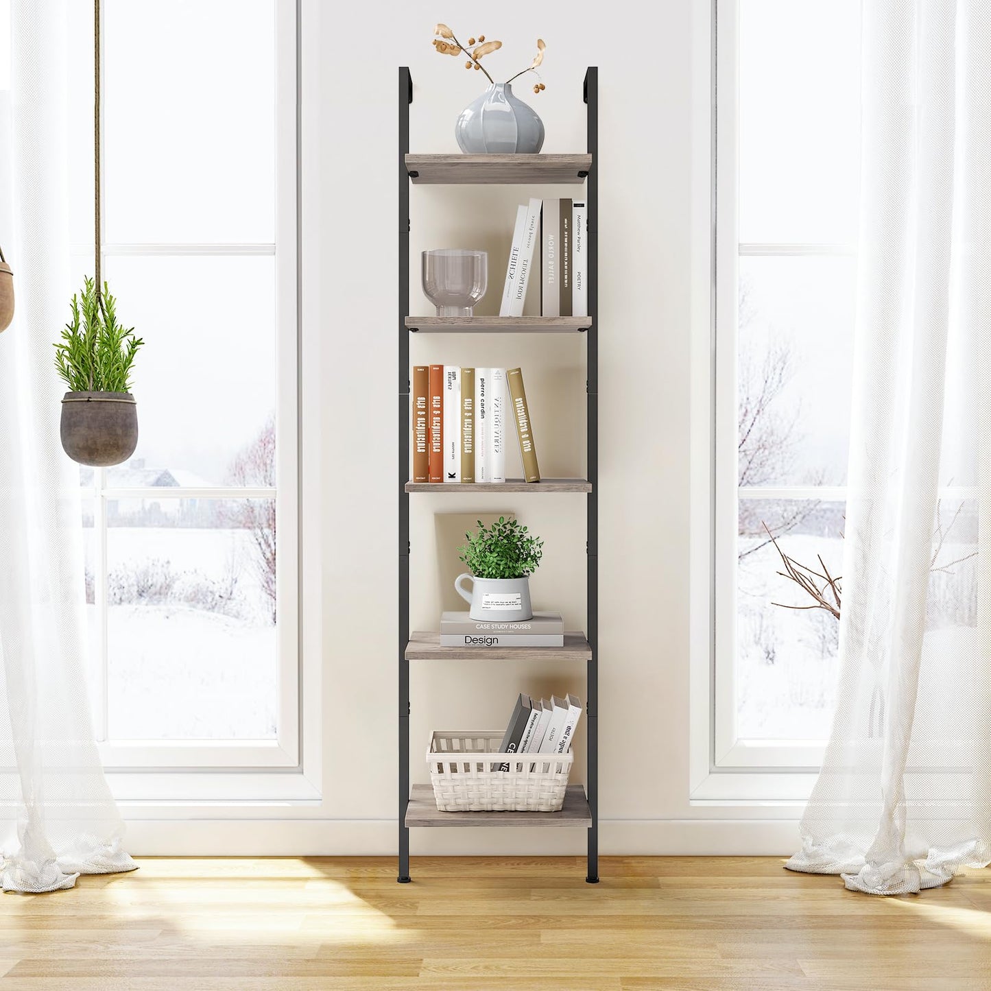 ELYKEN Slim Leaning Ladder Shelf Wall Mounted Wooden Narrow Shelf Unit