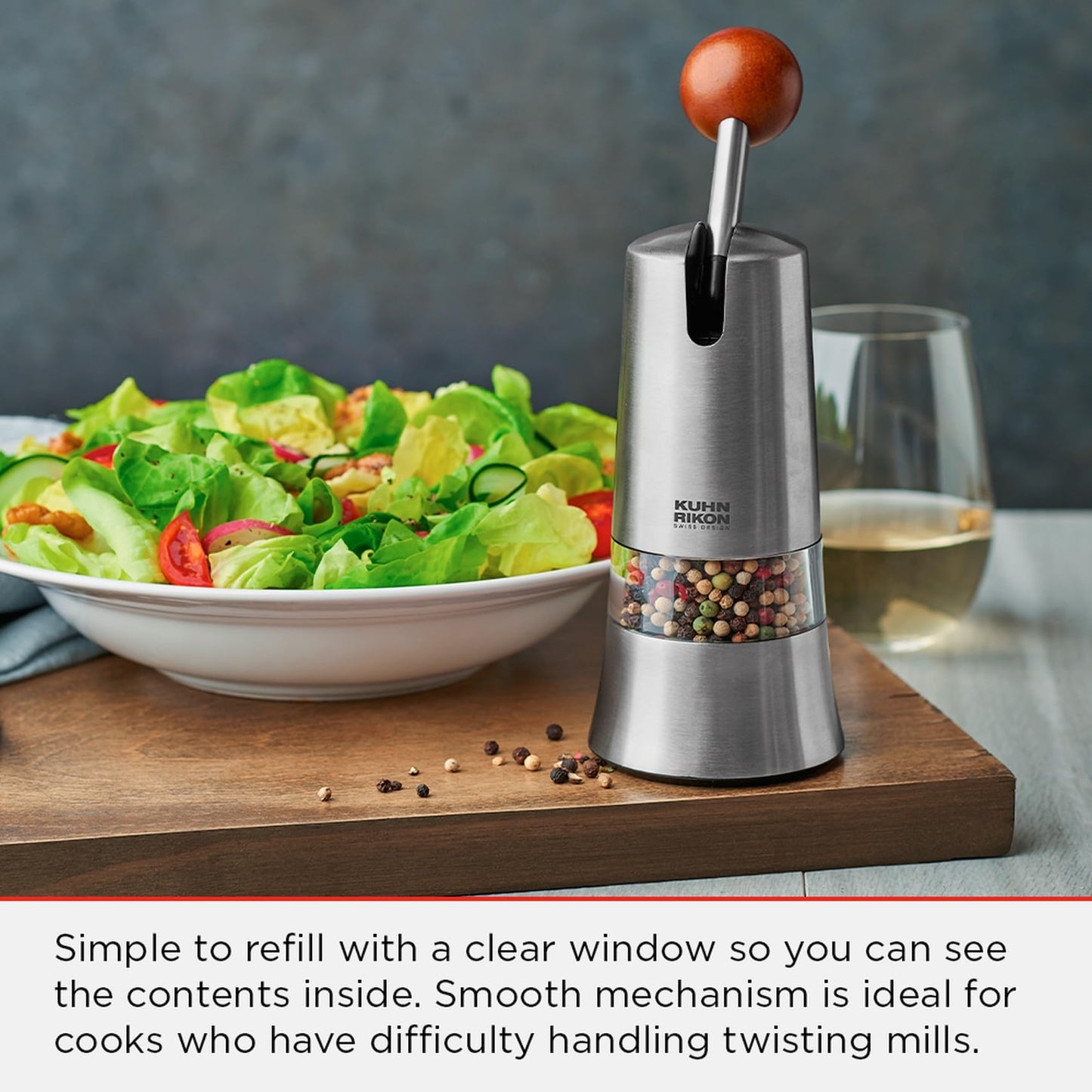 Kuhn Rikon Epicurean Ratchet Grinder for Salt, Pepper, Spices. Stainless Steel Spice Grinder (Coarse Fine). Black Pepper Grinder Mill. Salt Grinder