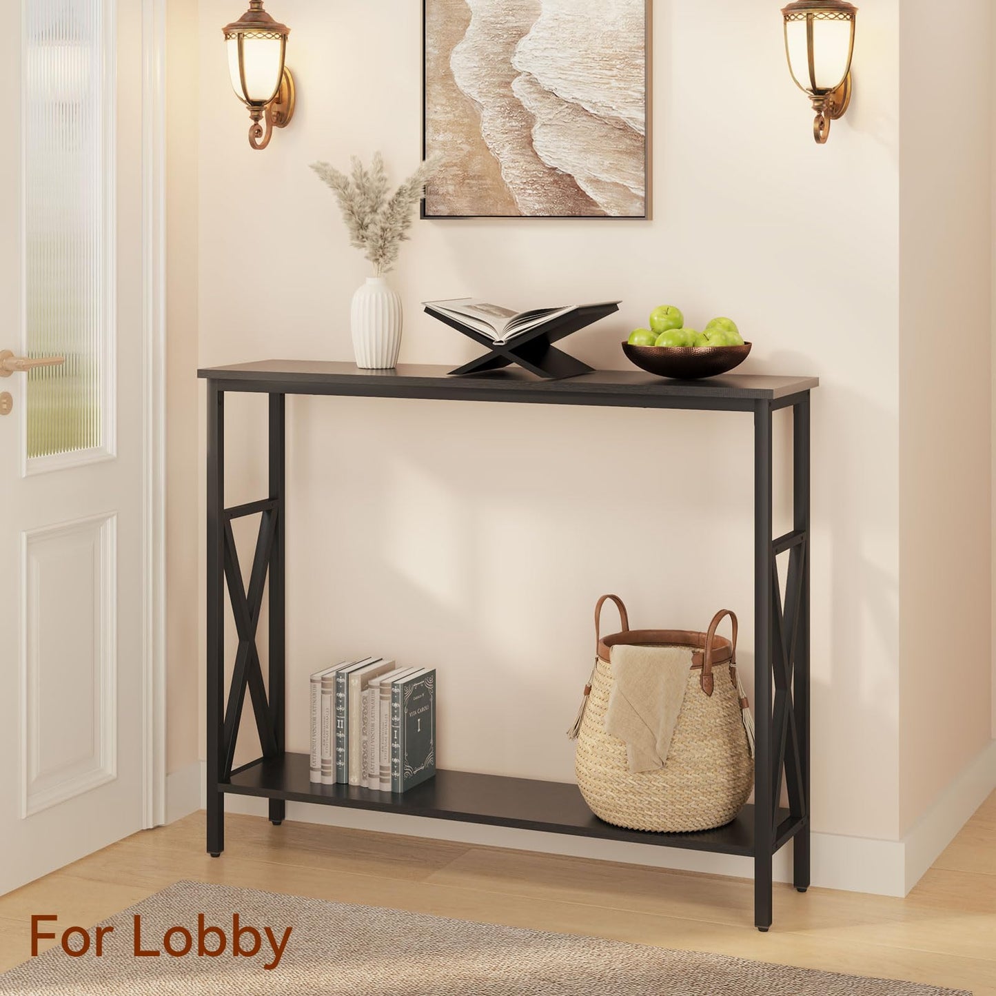 YMYNY Console Table Narrow Sofa Table with Shelves Black HST007B