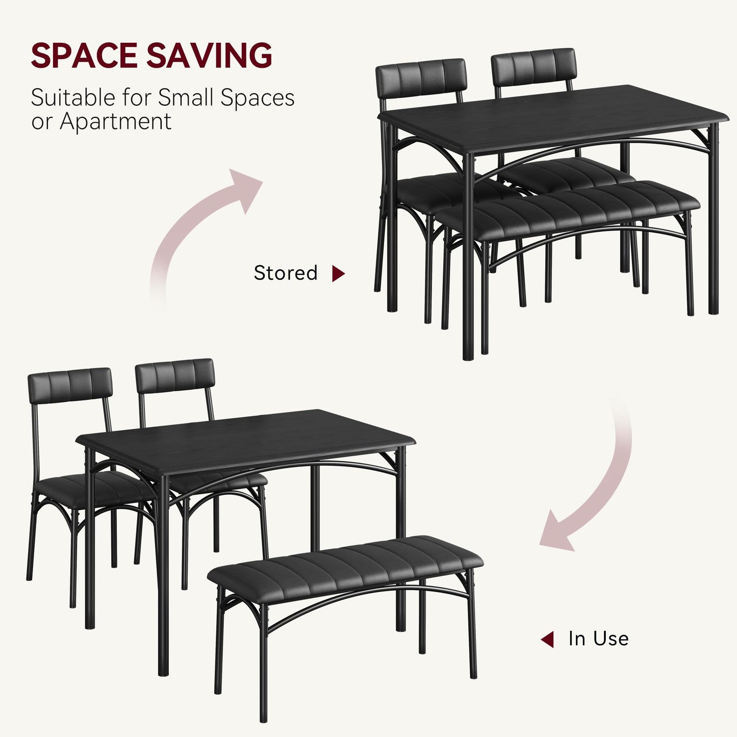 Lidzopas Dining Table Set Upholstered Chairs & Bench, Compact Space-Saving, Industrial Rustic Metal Frame, Sturdy Durable