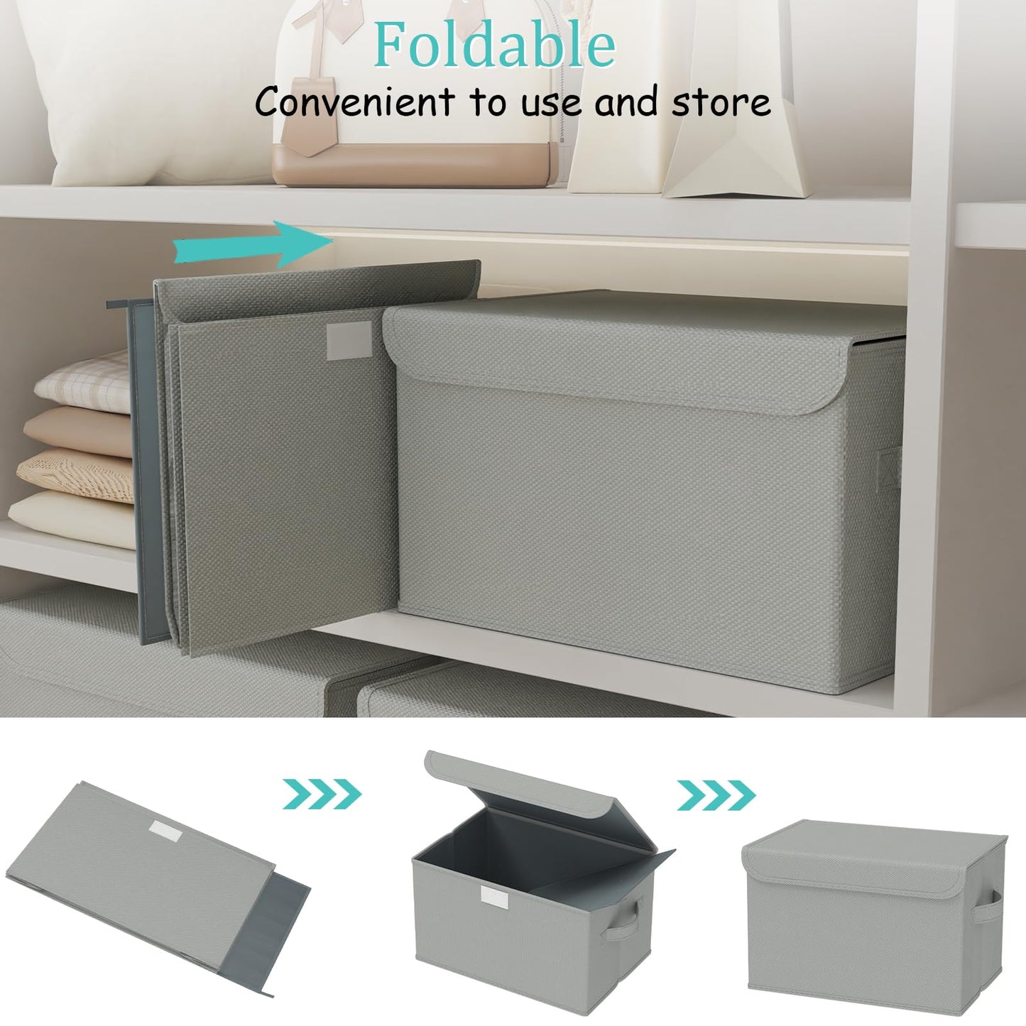 GUOHNHE Storage Bin with Lid, Closet Boxes, 4 Pack, Grey, 26x20x17 cm