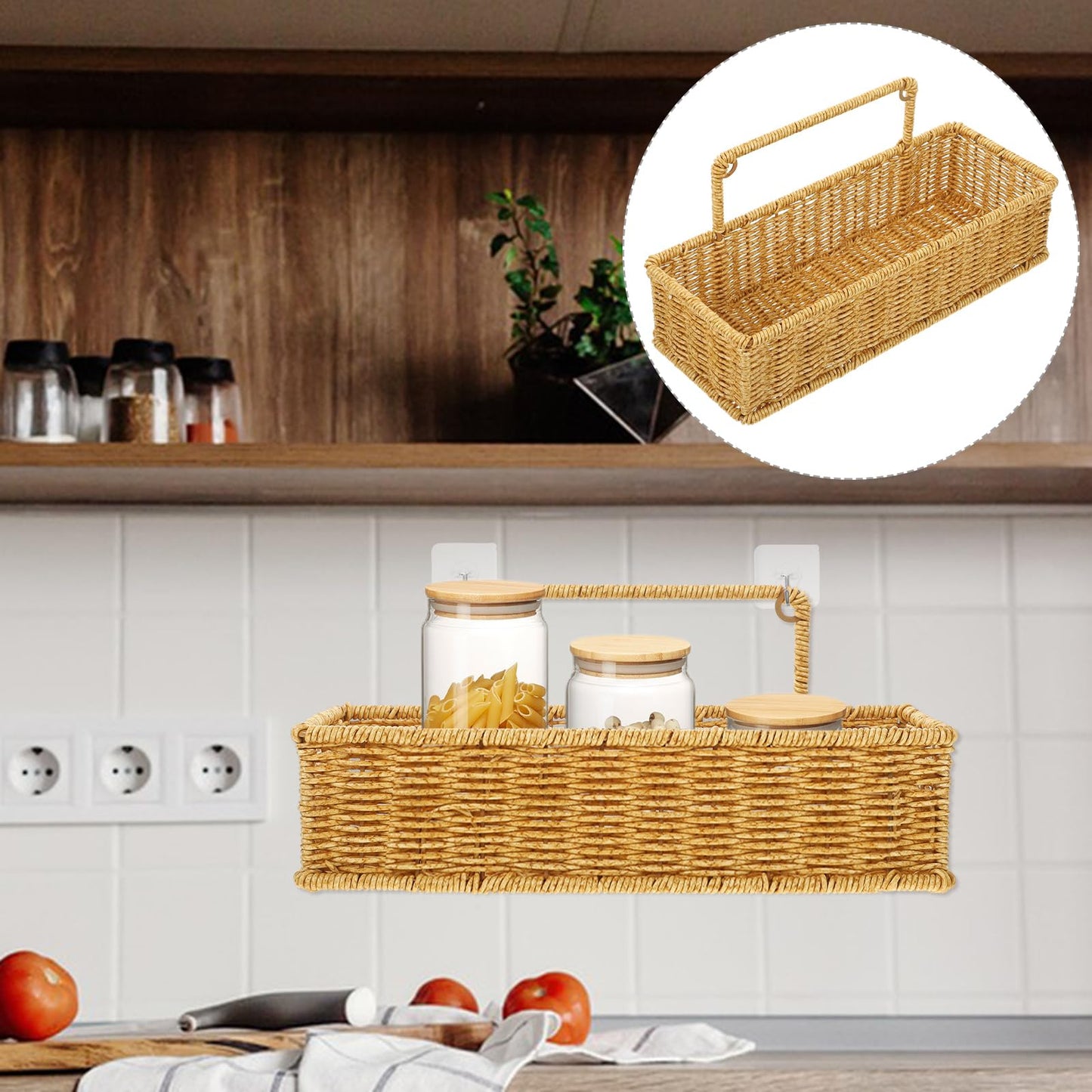 MUCKLILY Imitation Rattan Woven Storage Basket with Handle and Adhesive Hook Bathroom and Kitchen Organizer Space-Saving Single-Layer Design for