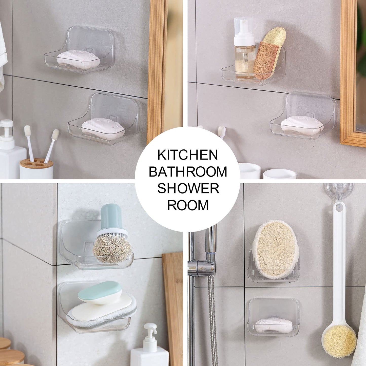 Soap Dish Holder,2 Pack Shower Soap Sponge Holder,Wall Mounted Self Adhesive Storage for Kitchen and Bathroom,Clear PET