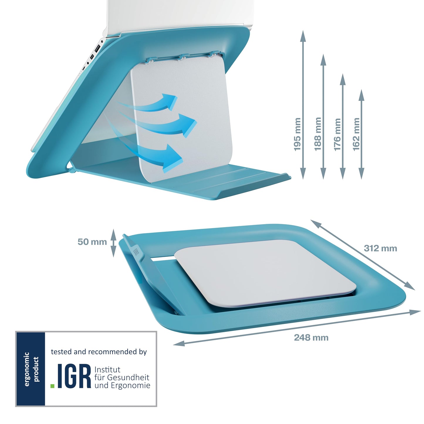 Leitz Adjustable Laptop Stand, Compact Laptop Holder With 4 Height Settings, 80% Recycled Plastic & 100% Recycable, Ergo Cosy Range, Calm Blue