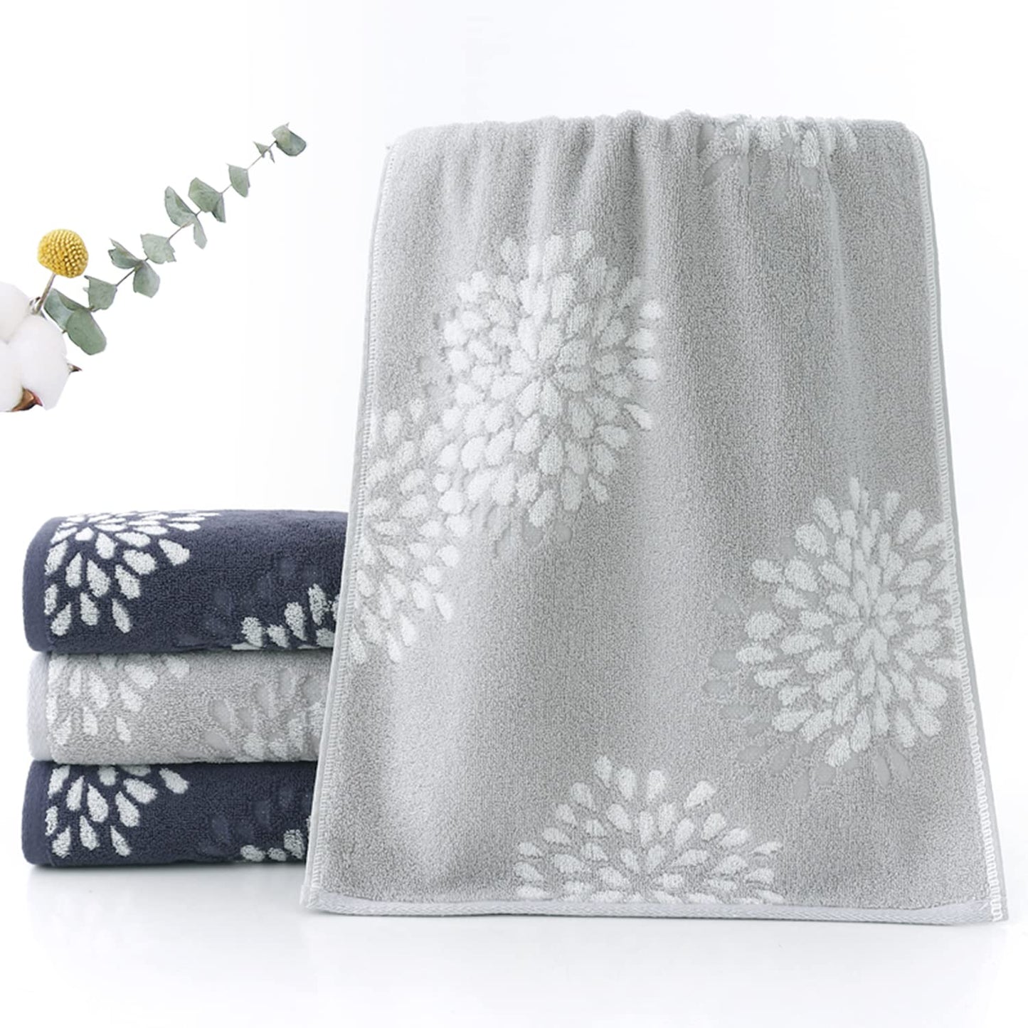 Pidada Hand Towels Set of 2 Hydrangea Floral Pattern 100% Cotton Absorbent Soft Decorative Towel for Bathroom (Denim Blue)