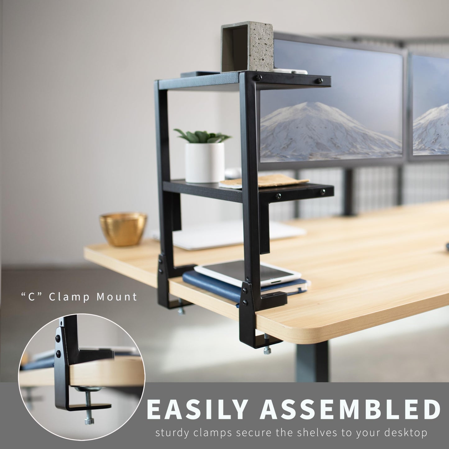 VIVO Clamp-on 33cm Above or Below Desk 2-Tier Shelving Unit for Table Accessories, Gaming Devices, and More, Storage Tray, Desktop Organizer, Black