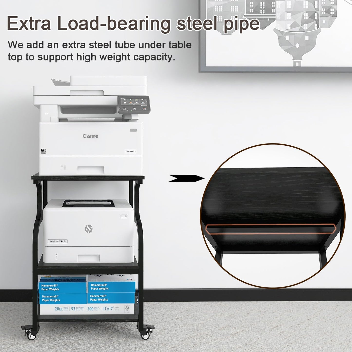 PUNCIA 3-Tier Movable Printer Stand Table with Storage for Home Office