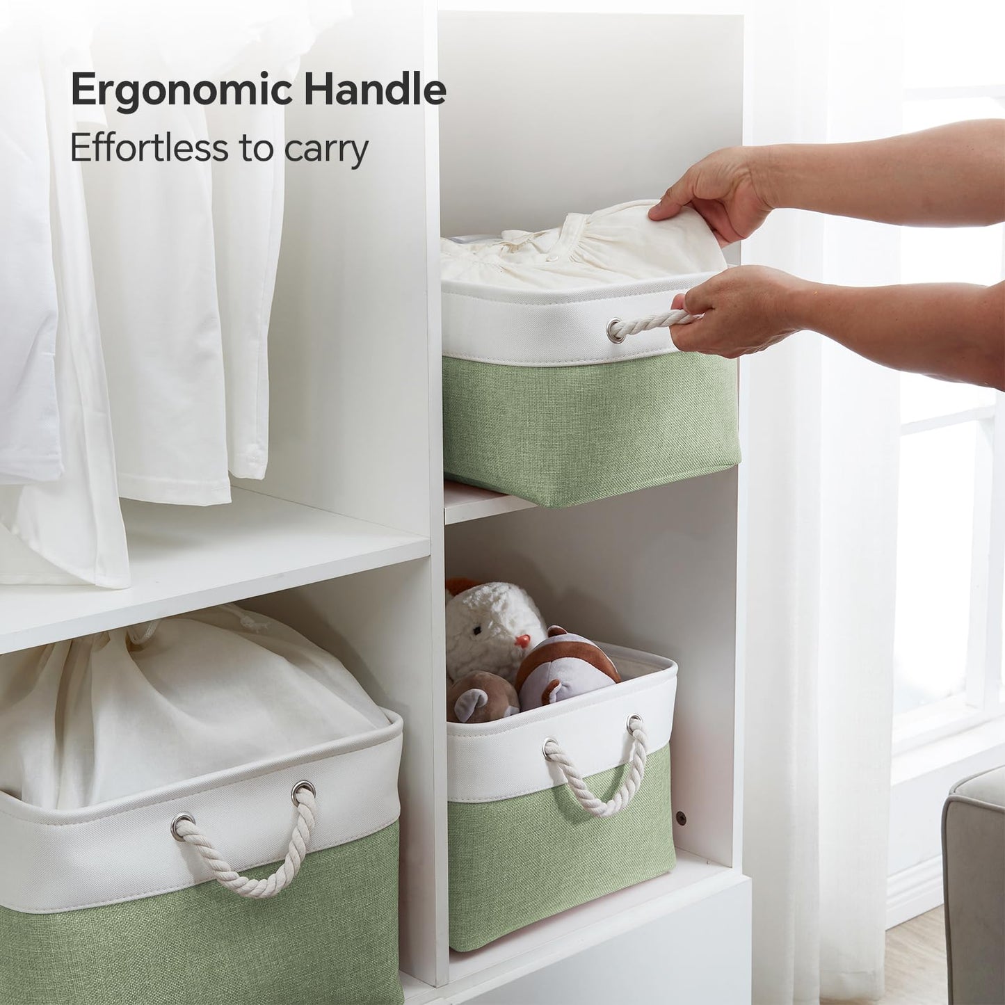 Mangata Soft Fabric Storage Basket with Handles, Multi-Size, Rectangular Linen Organiser Box for Shelf & Wardrobe, 31x21x16 cm, Green & White