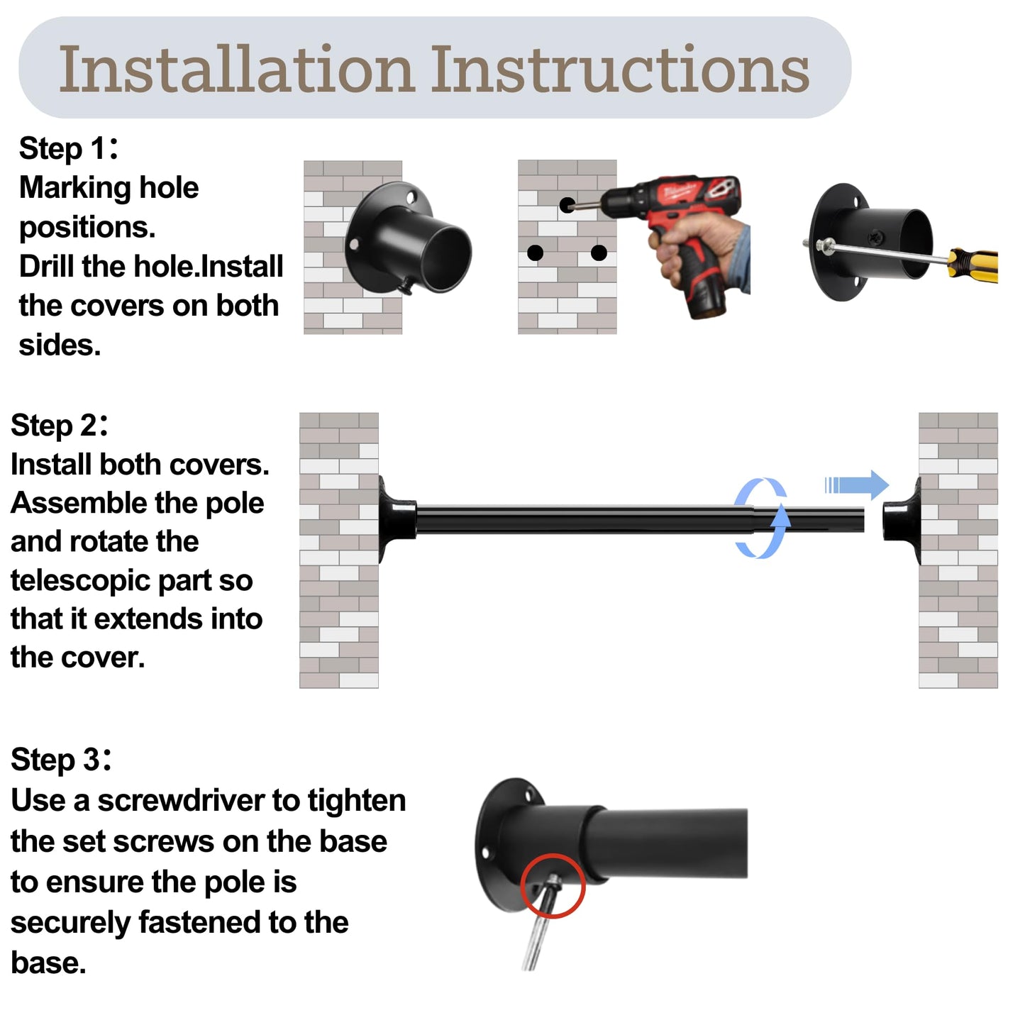 Venwemong Garderobestang, verstelbare roestvrijstalen hangpaal met bevestigingsdoppen voor kast en opslag, wit, lengte 68-110 cm, diameter 25 mm