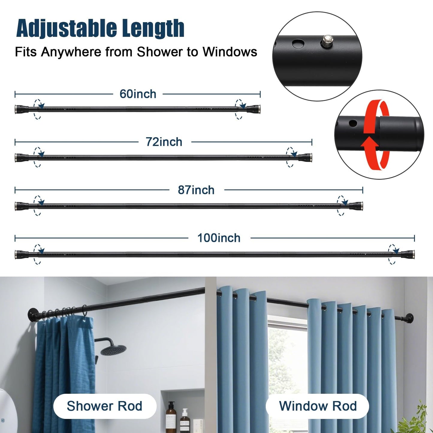 Sturdy Stainless Steel Shower Curtain Rail, Adjustable from 107 to 183 cm, 3-in-1 Installation without Drilling (Gluing, Screws or Clamps)