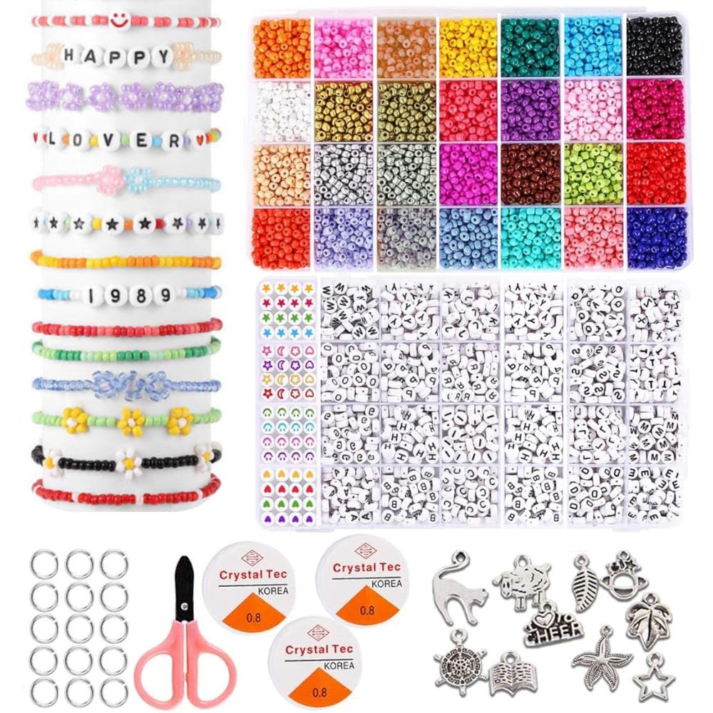 BeadzBoxx 6440 Pcs Glass Seed Beads, Childrens Necklace and Bracelet Making kit, Craft Kit for Kids, 28 Colors 4mm Seed Beads for Jewelry Making with