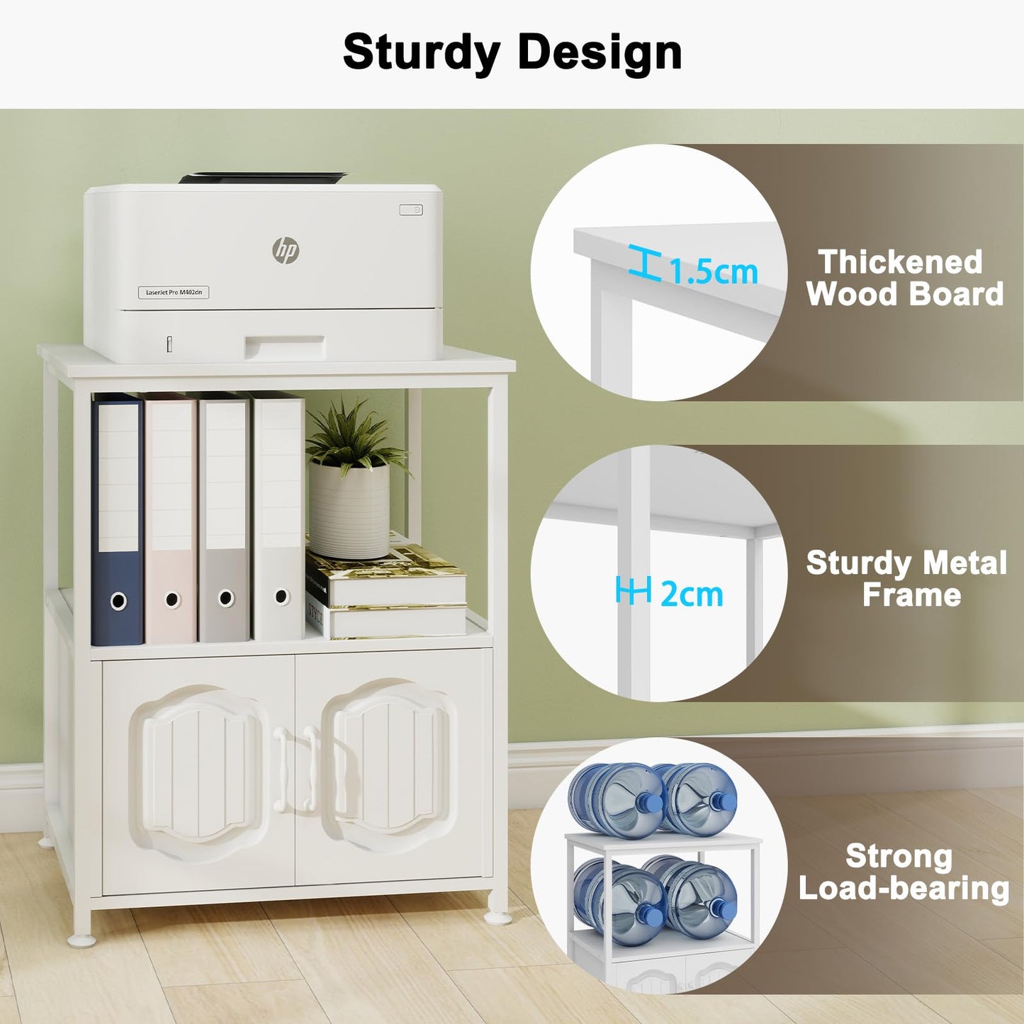 PUNCIA 3 Tier Printer Stand with File Cabinet for Home Office White