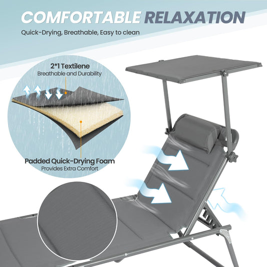 Homecall 30039 XXL Aluminium Sun Lounger with Sun Roof Three-Legged Beach bed 200x70 cm Maximum Load 150 kg, Grey textilene, Quick Dry Foam