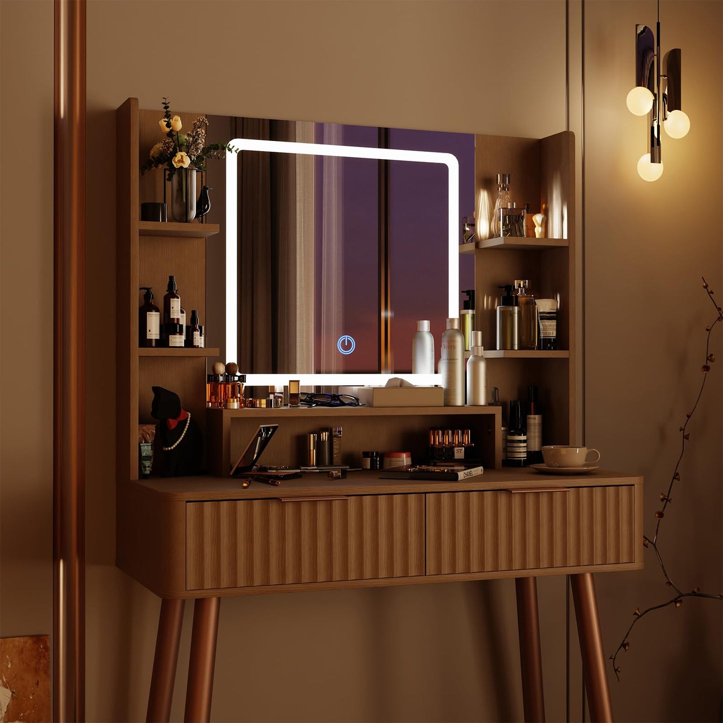 IKALIFE Wooden Dressing Table with Mirror and Lights, Small Vanity Table
