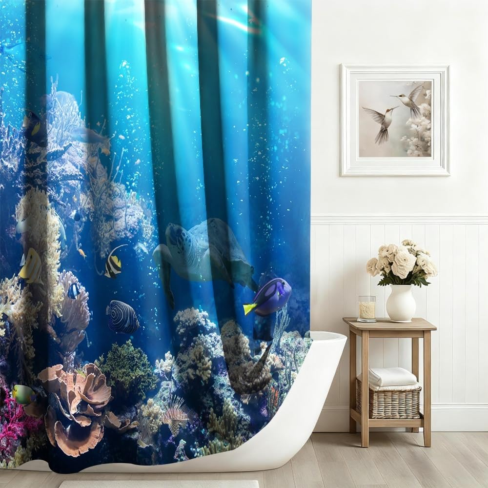 Xiaoterna Ocean Shower Curtain Underwater Marine Life Sea World Turtles Fishes Bathroom Curtain Coral Reef Floral Washable Waterproof Mildew