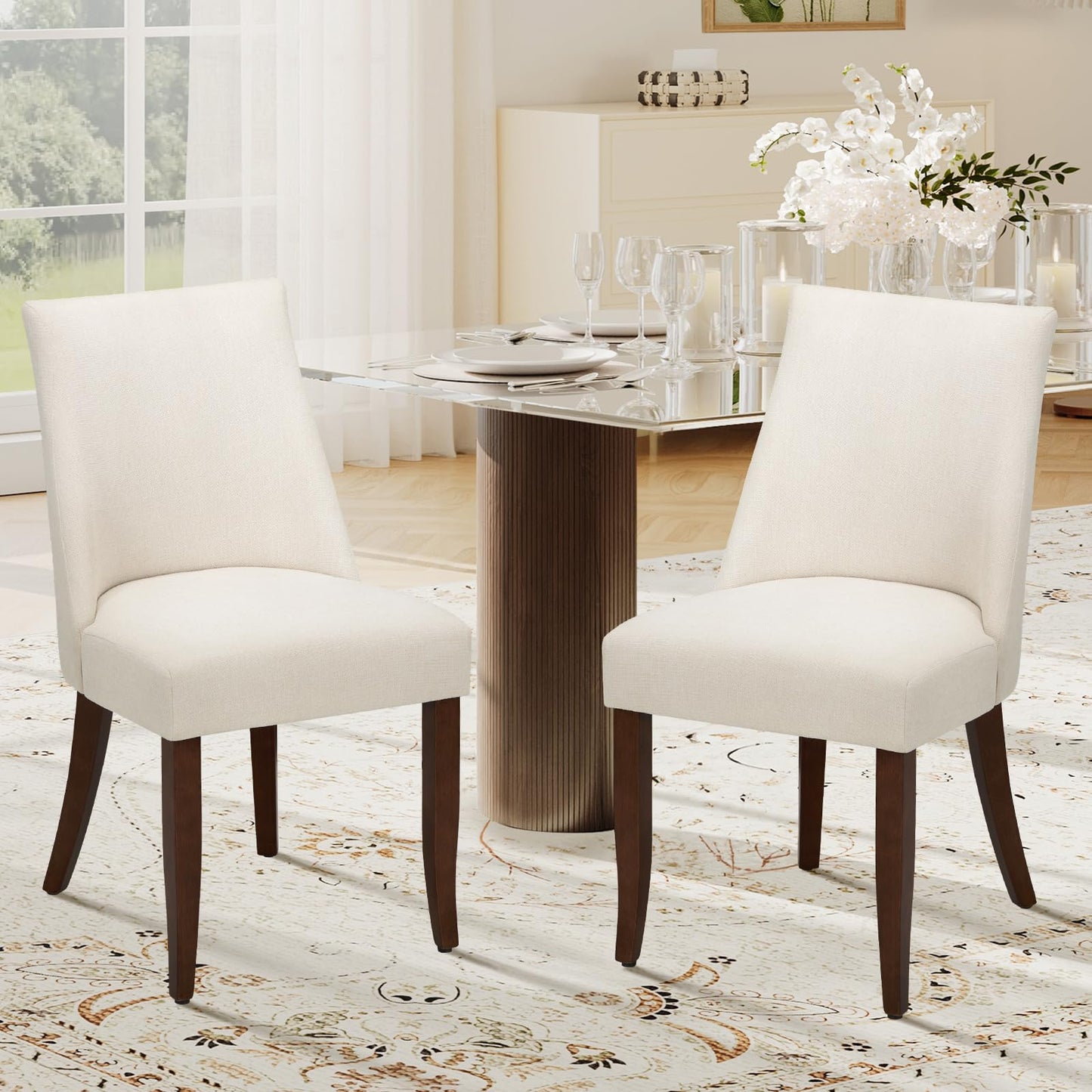 COLAMY Upholstered Dining Chairs Set of 2, Linen Fabric Parsons Dining Room Chairs with Curved Backrest, Solid Rubber Wood Legs