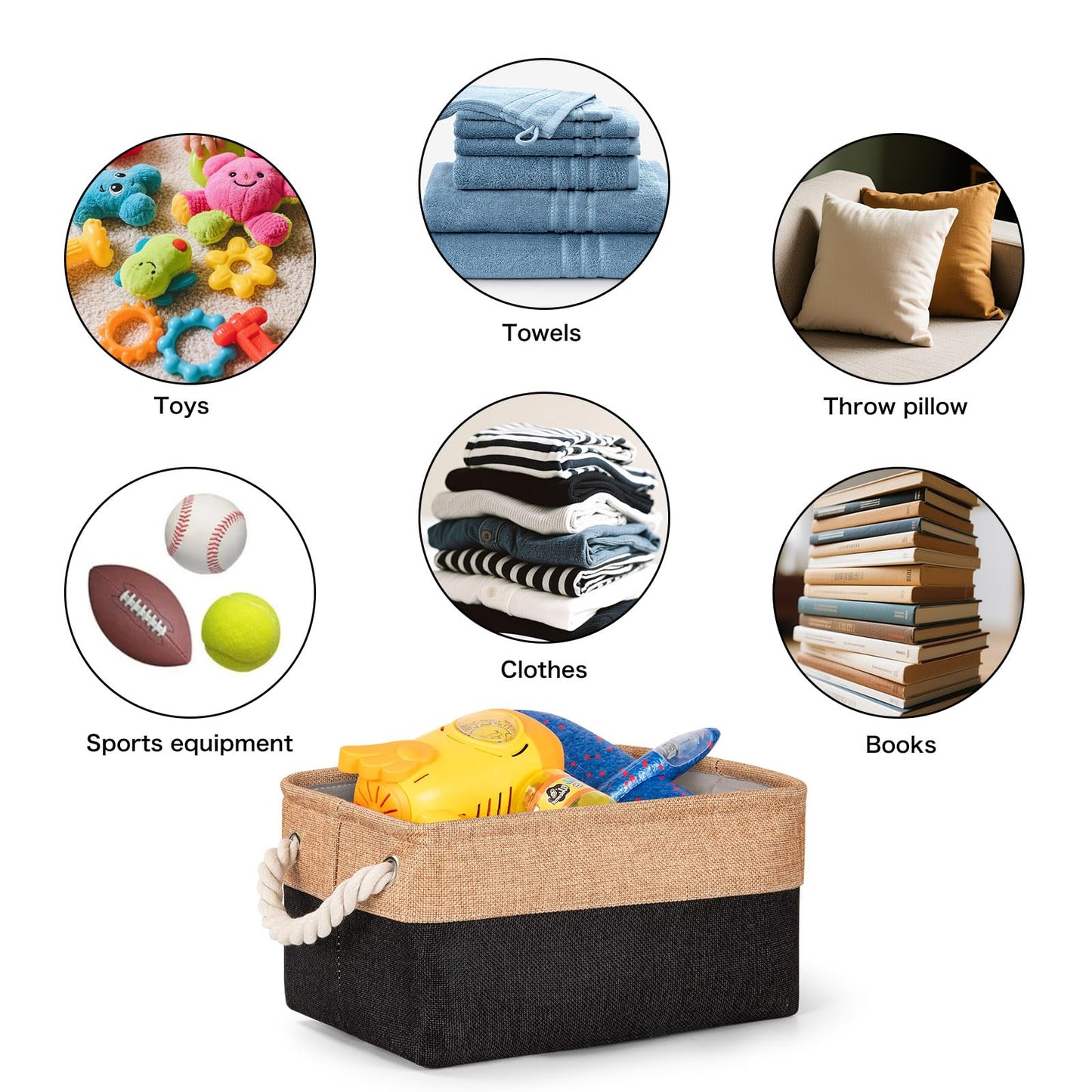 5 Pack Storage Baskets for Shelves with Cotton Rope Handles, Foldable Fabric Canvas Material Storage Boxes Organiser for Clothes, Toys