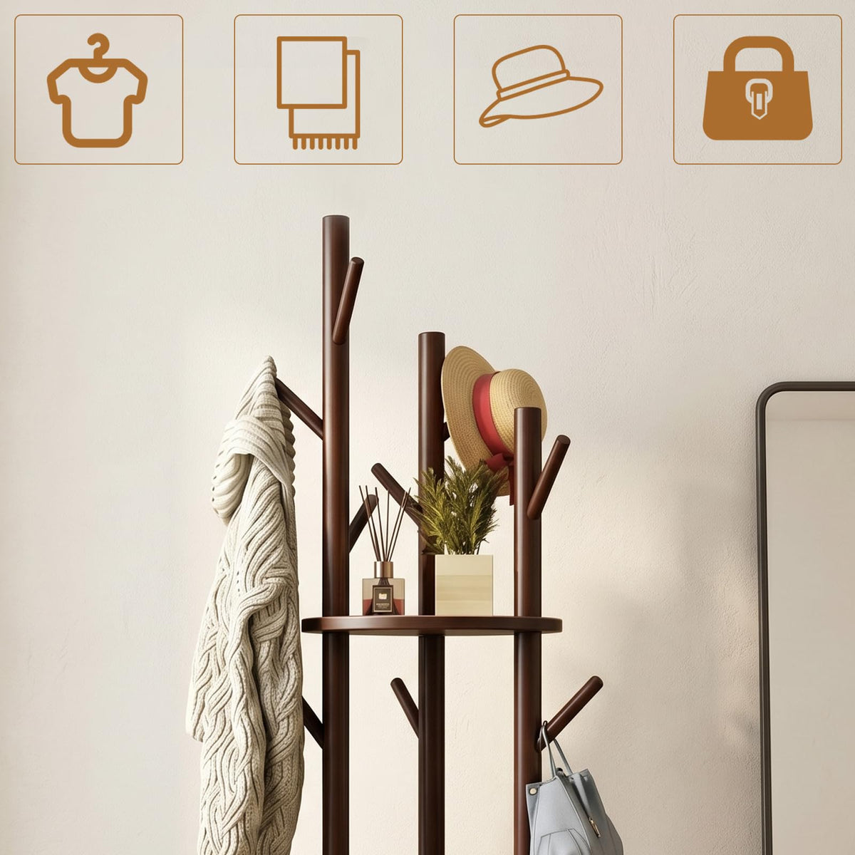 SHEBUYLLI Wooden Coat Stand, Rotatable Free Standing Coat Rack with Hooks