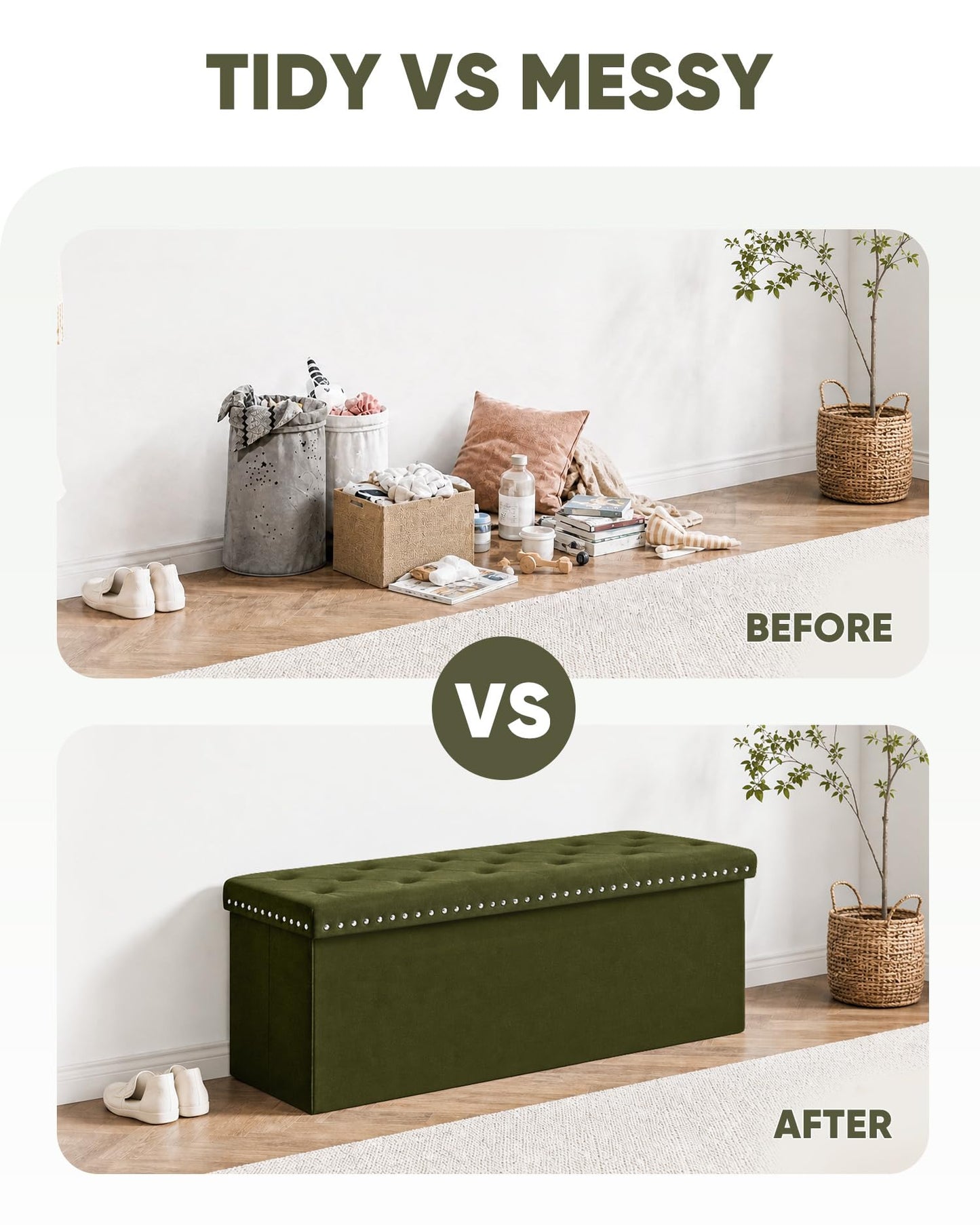 Bonlife Velvet Storage Ottoman, Folding Footstool Space-Saving Bench,110cm