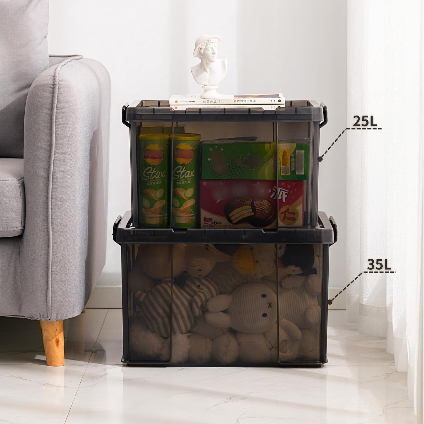 Cetomo 35L*3 Heavy-Duty Storage Boxes, Plastic Stackable Storage Box with Lids, Storage Bins with Reinforced Corners, Vertical Sides and Clip Closure