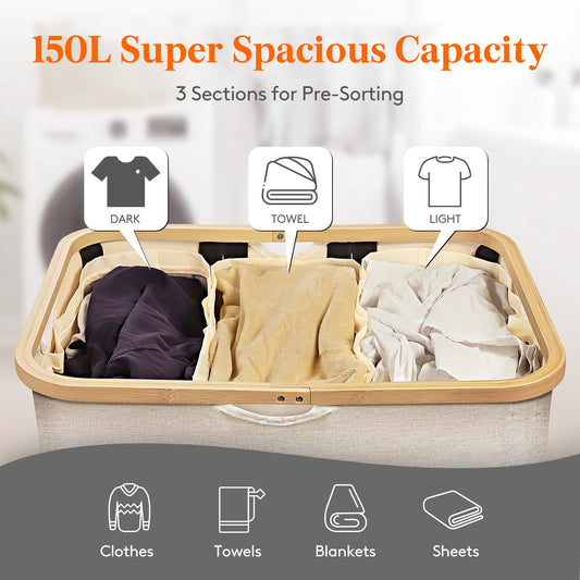 Lifewit 150L Laundry Basket with Lid 3 Compartments, Large Washing Basket with Removable Laundry Bags and Bamboo Handles, Clothes Hampers for Laundry,