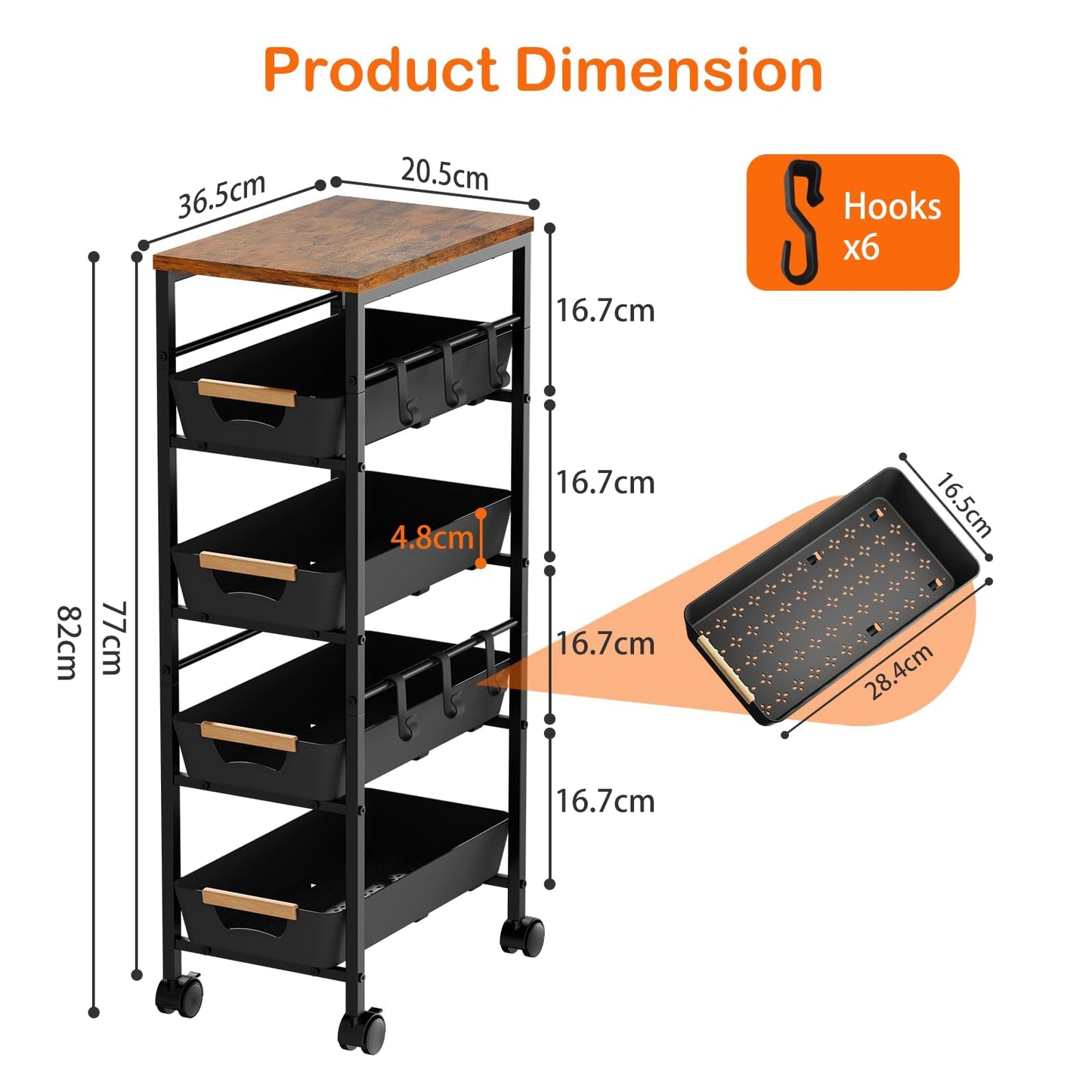 Uwoodia 5-Tier Slim Storage Trolley on Wheels, Metal Kitchen Rolling Cart with Pull-Out Baskets