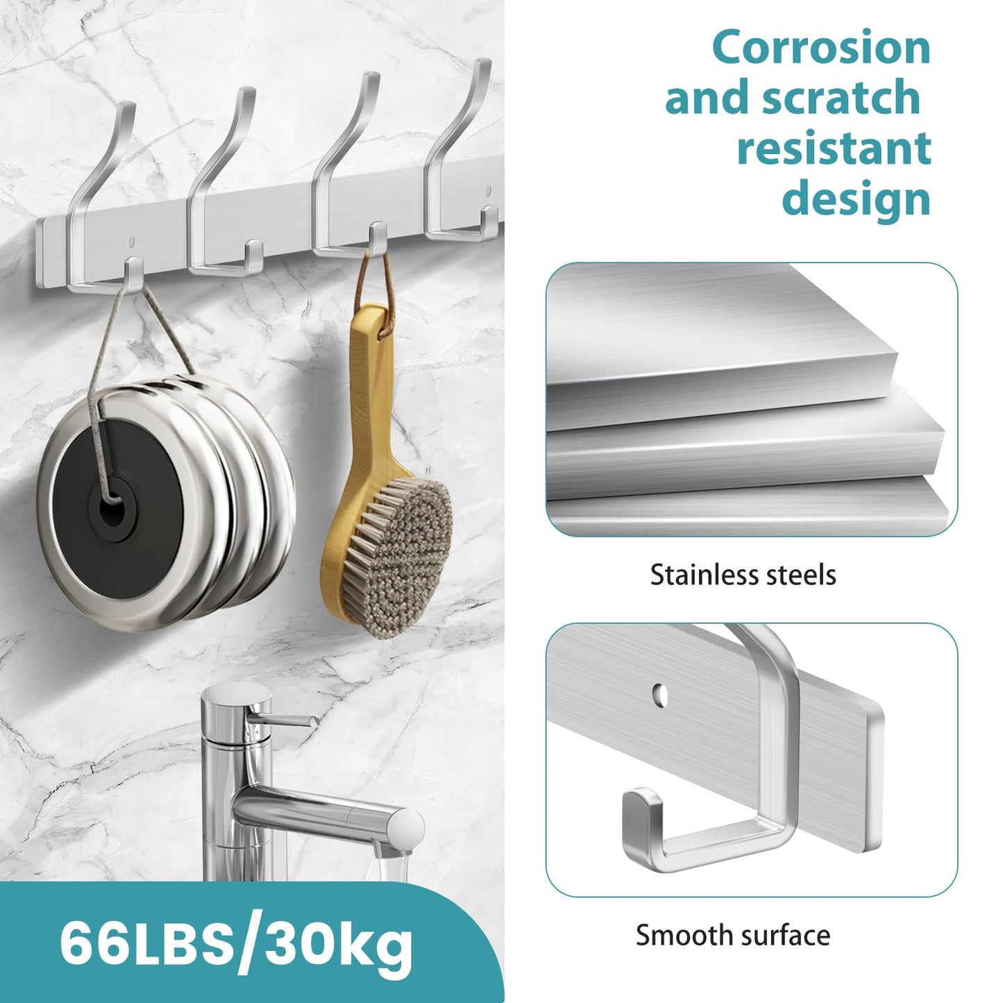 MEIJO Coat Hooks Wall Mounted Stainless Steel, Silver Coat Rack Wall Mounted with 6 Hooks Heavy Duty Coat Hooks for Door, Bathroom, Bedroom, Kitchen