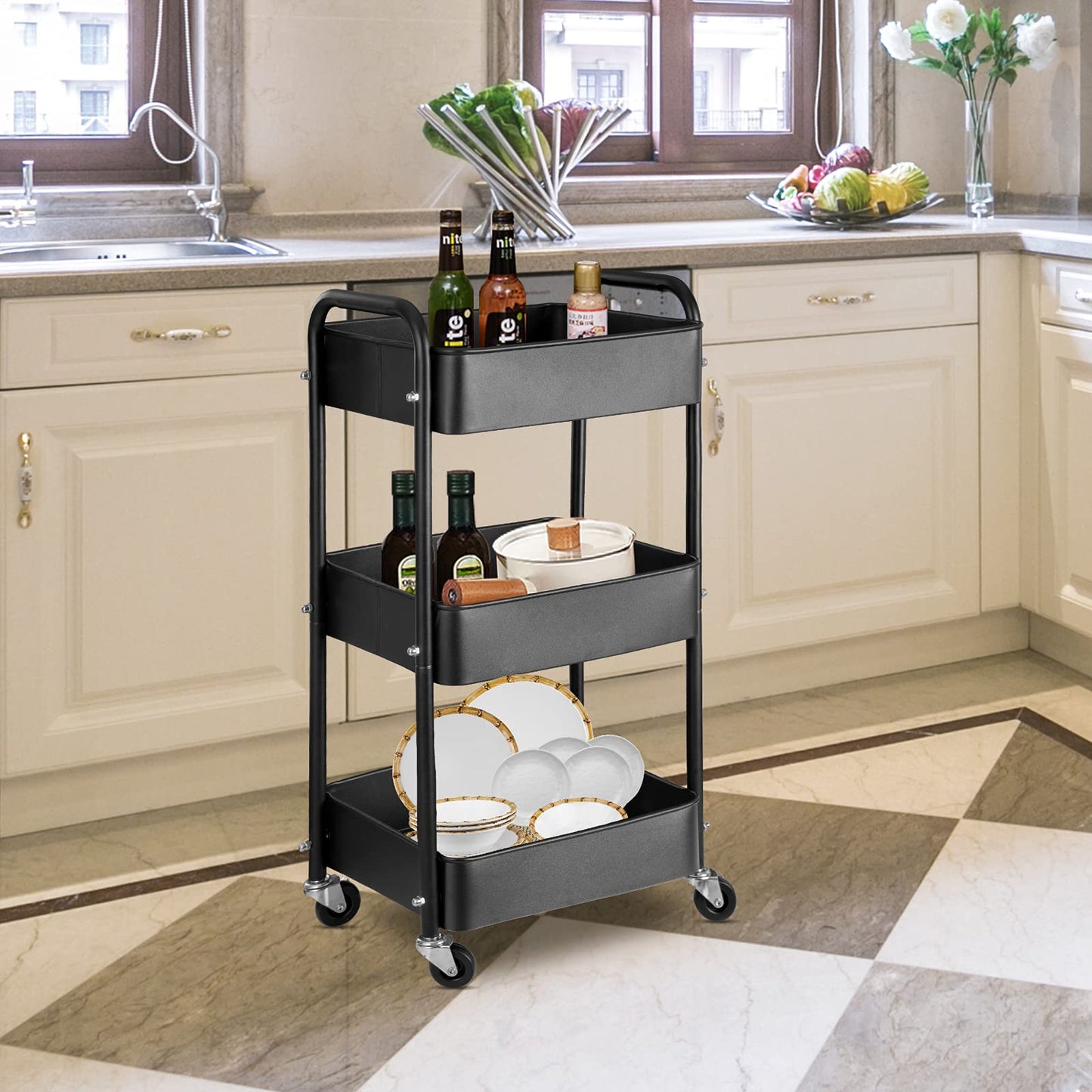 3-Tier Metal Storage Organizer Rolling Utility Trolley Cart - Home Kitchen Bathroom Bedroom Office Classroom Laundry Cleaning Supplies Bar Craft