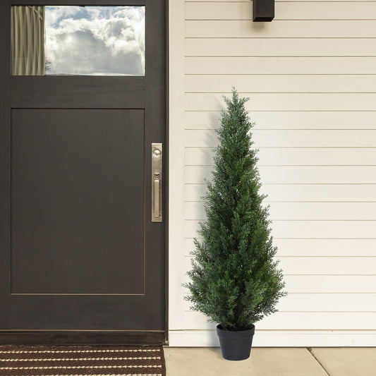 CROSOFMI Artificial Plants Outdoor 125 cm Fake Cedar Tree Large Faux Plants With Plastics Pots for Garden Front Porch Decoration (2 Pack)