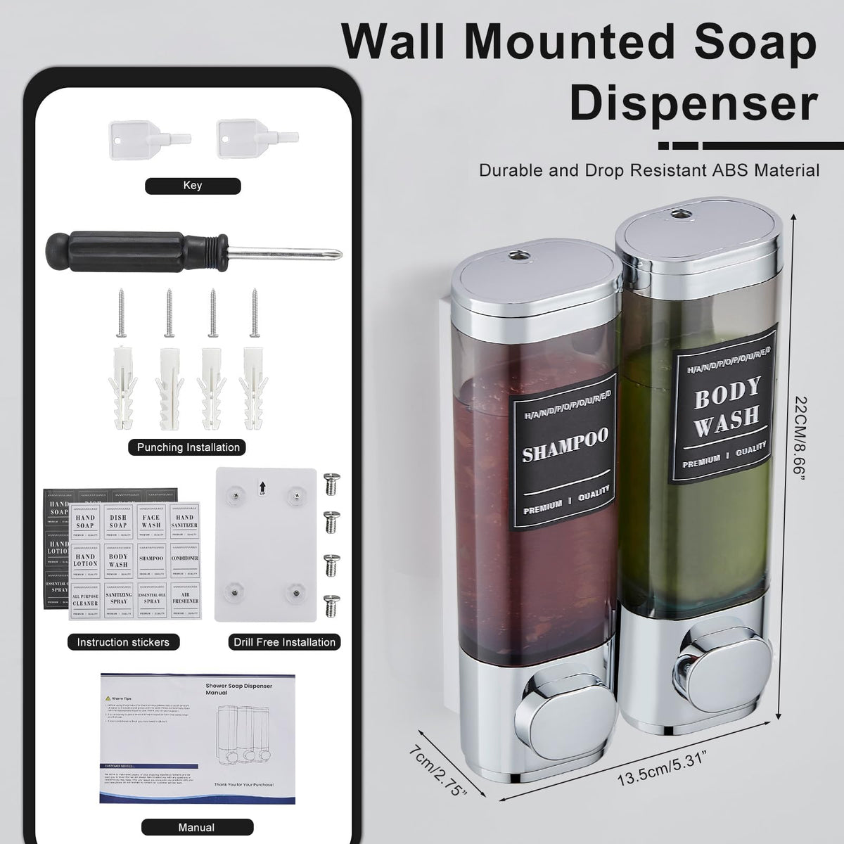 KSITEX Shower Soap Dispenser Wall Mounted No Drill Shampoo and Conditioner Dispenser for Shower With Large Capacity Hand Soap Dispenser for Bathroom