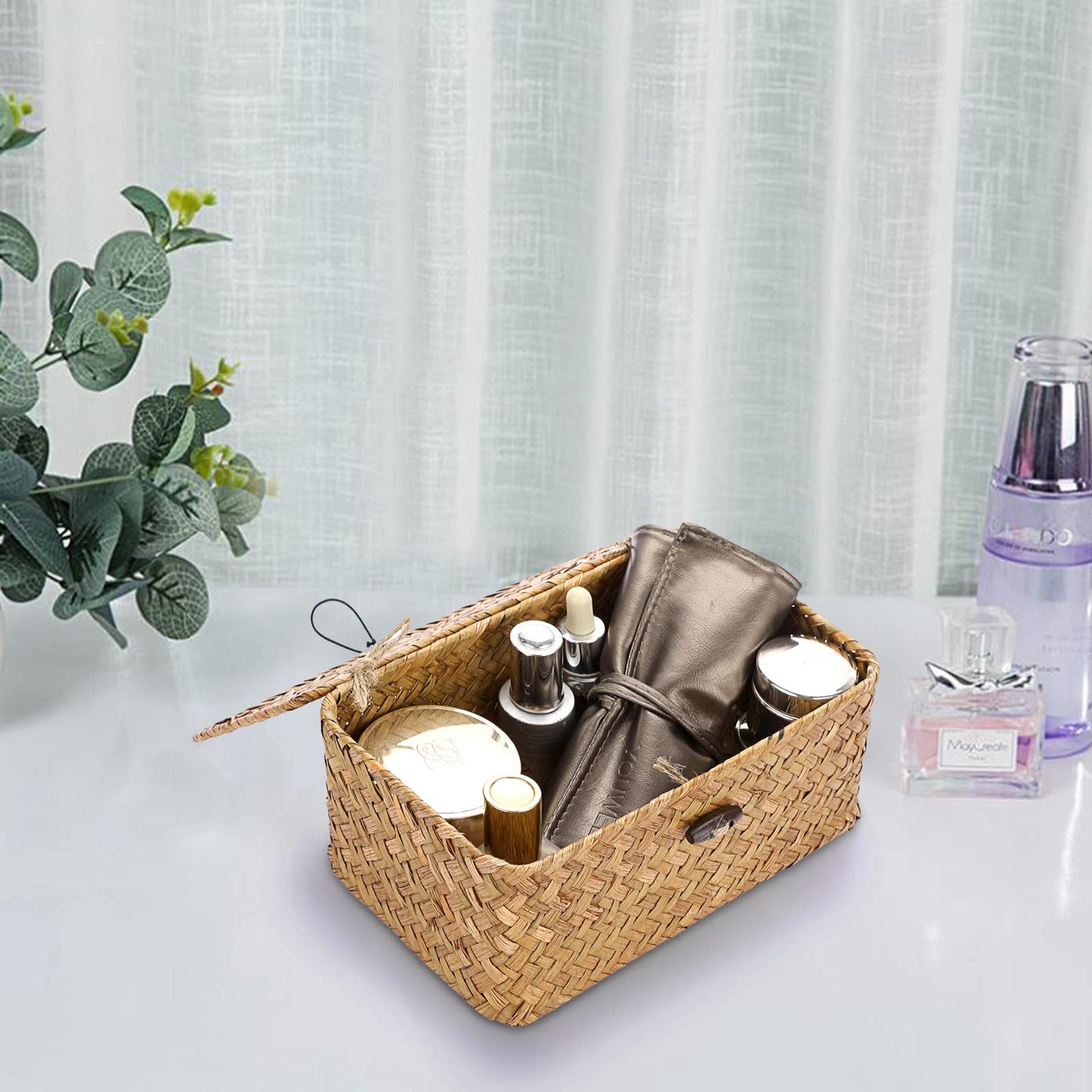 IGNPION Seagrass Storage Basket with Lid Woven Seagrass Desktop Basket Rectangular Bathroom Storage Organiser Box
