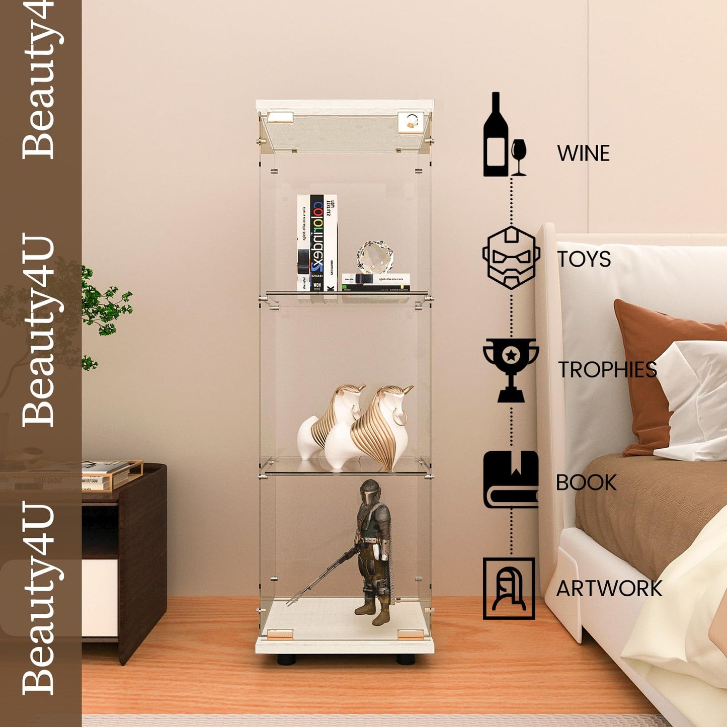 Beauty4U 3-Shelf Single Door Glass Display Cabinet, 125cm Tall, White