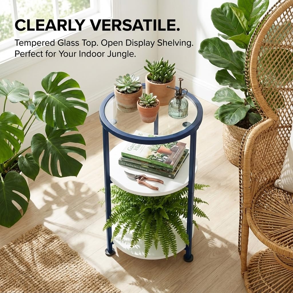 ZEXVIDA 3-Tier Round Side Table with Tempered Glass Top, Navy Blue