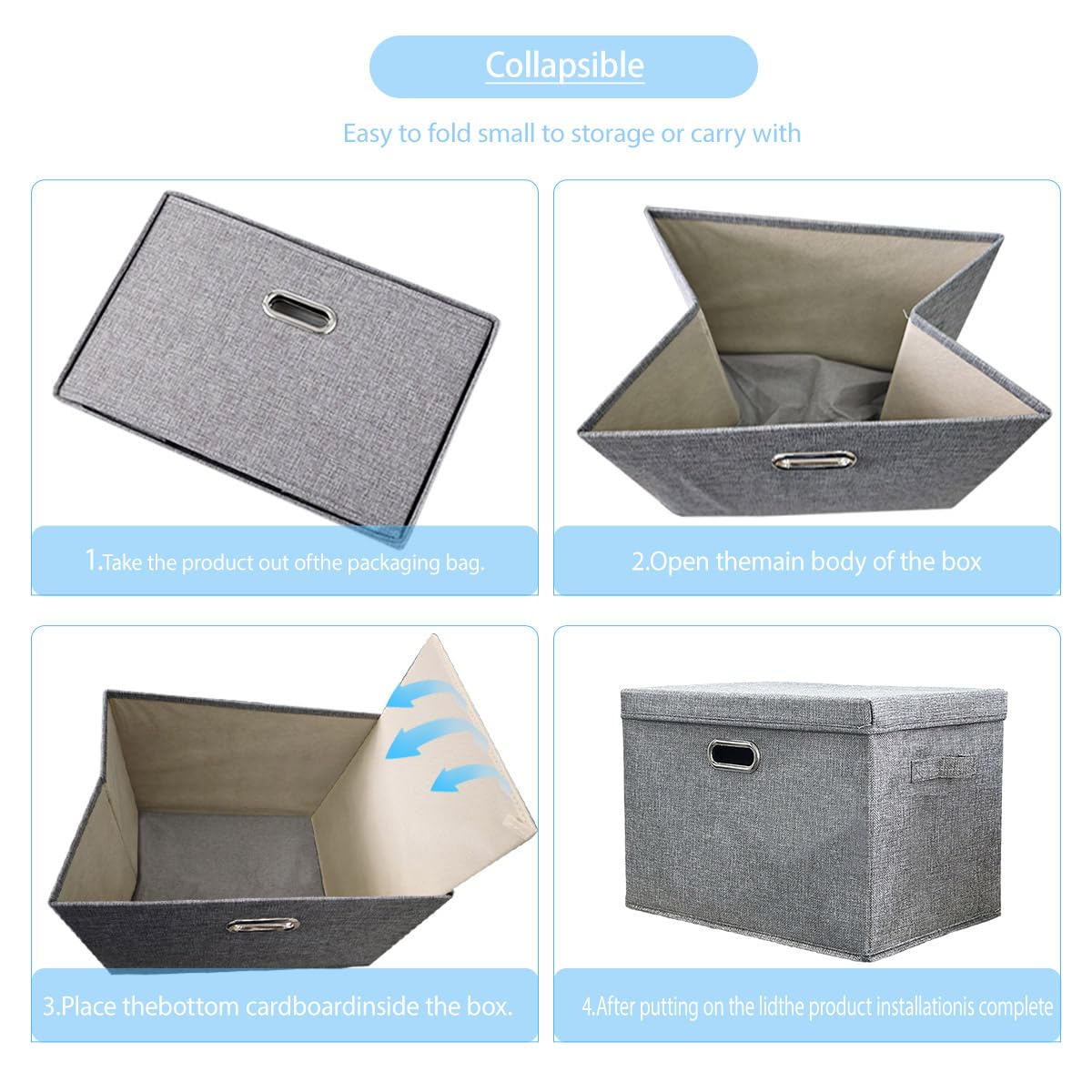TempFoo Storage Boxes with Lids Fabric, 3pc 38 L Collapsible Grey Large