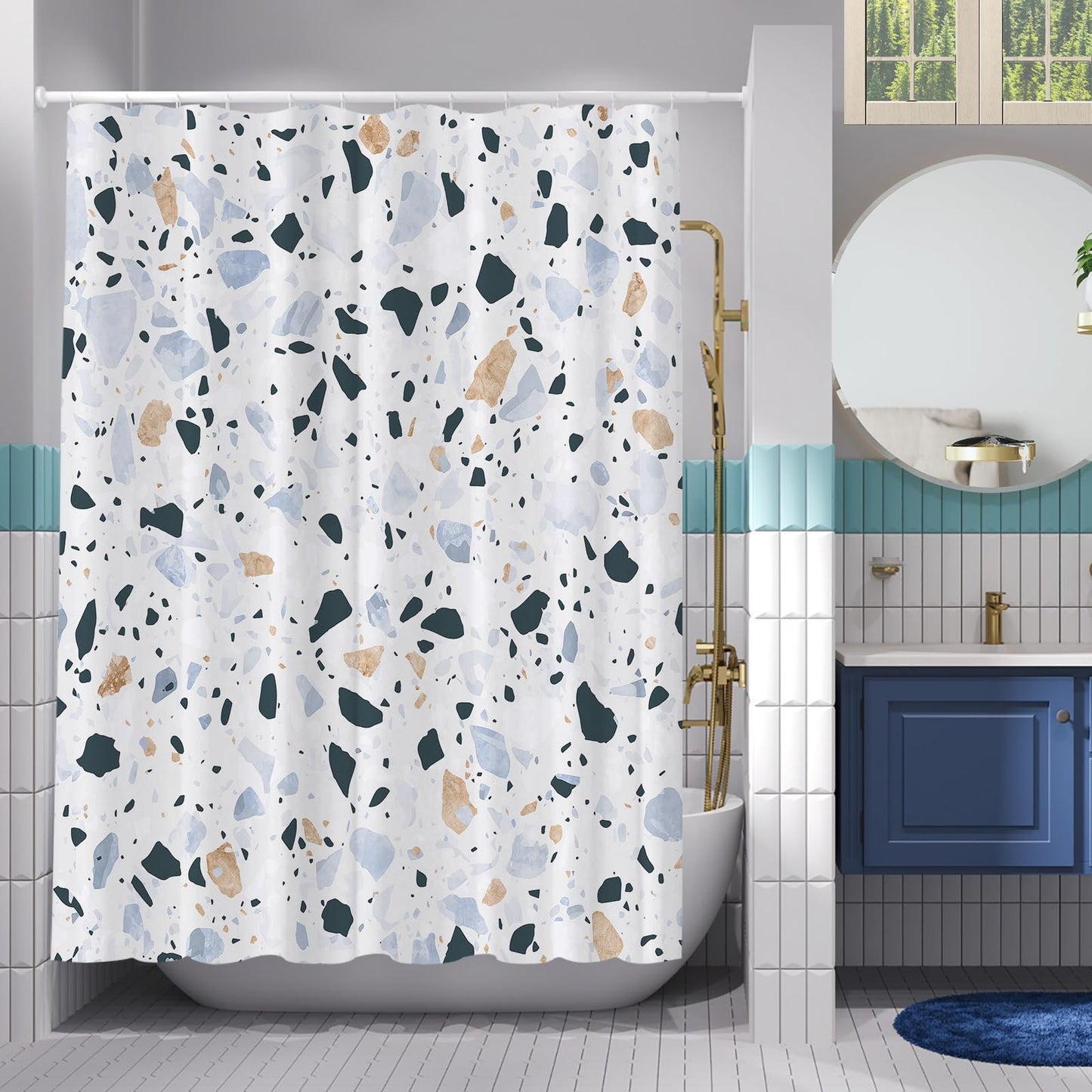 Simpomsy Terrazzo Shower Curtains Mould proof resistant, Washable Weighted Fabric Wet Room Shower Curtain