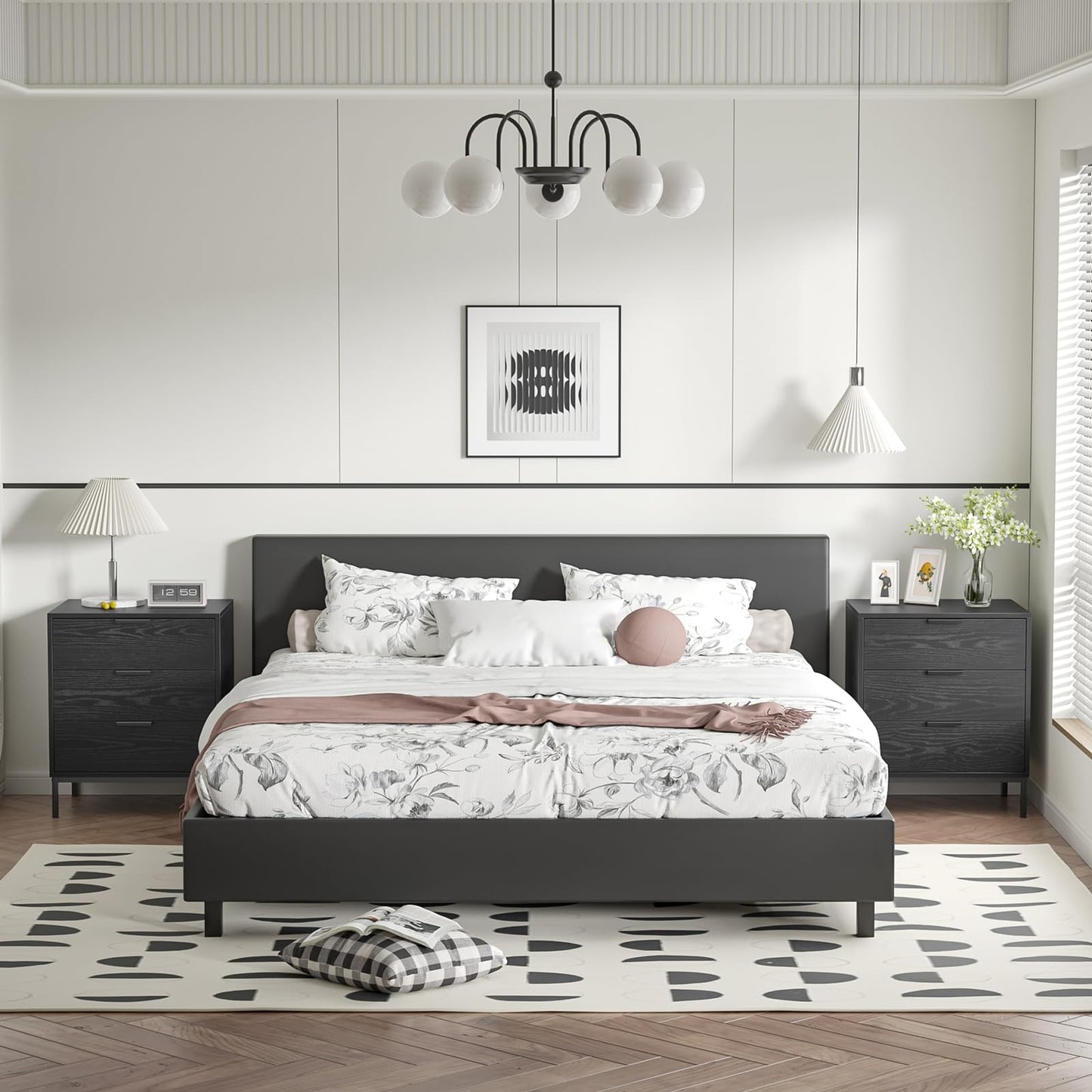 Skokliz Bedside Table with 3 Drawers, Black Nightstand for Bedroom, Wood Modern End Table for Living Room, Small Spaces, 50x40x60cm