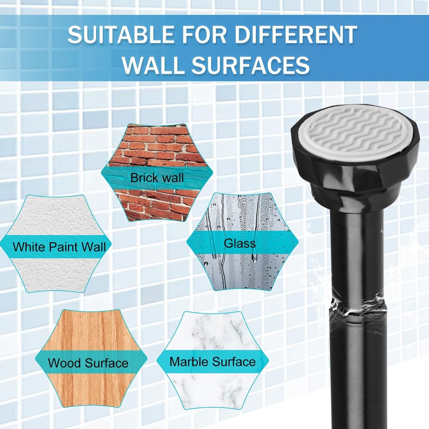 Extendable Shower Pole 76-256cm, Black Spring Tension Rod No Drill for Shower Curtain, Ø25mm Curtain Rod for Bathroom, Bedroom